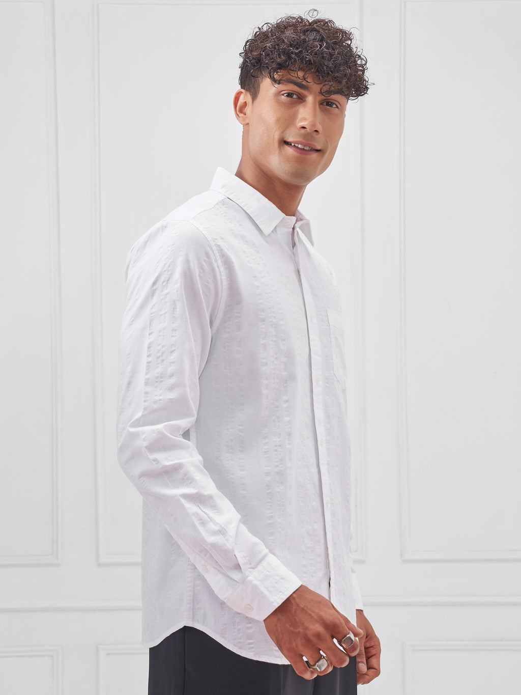 Highlander Men White Self Design Slim Fit Casual Shirt - White - Image 6