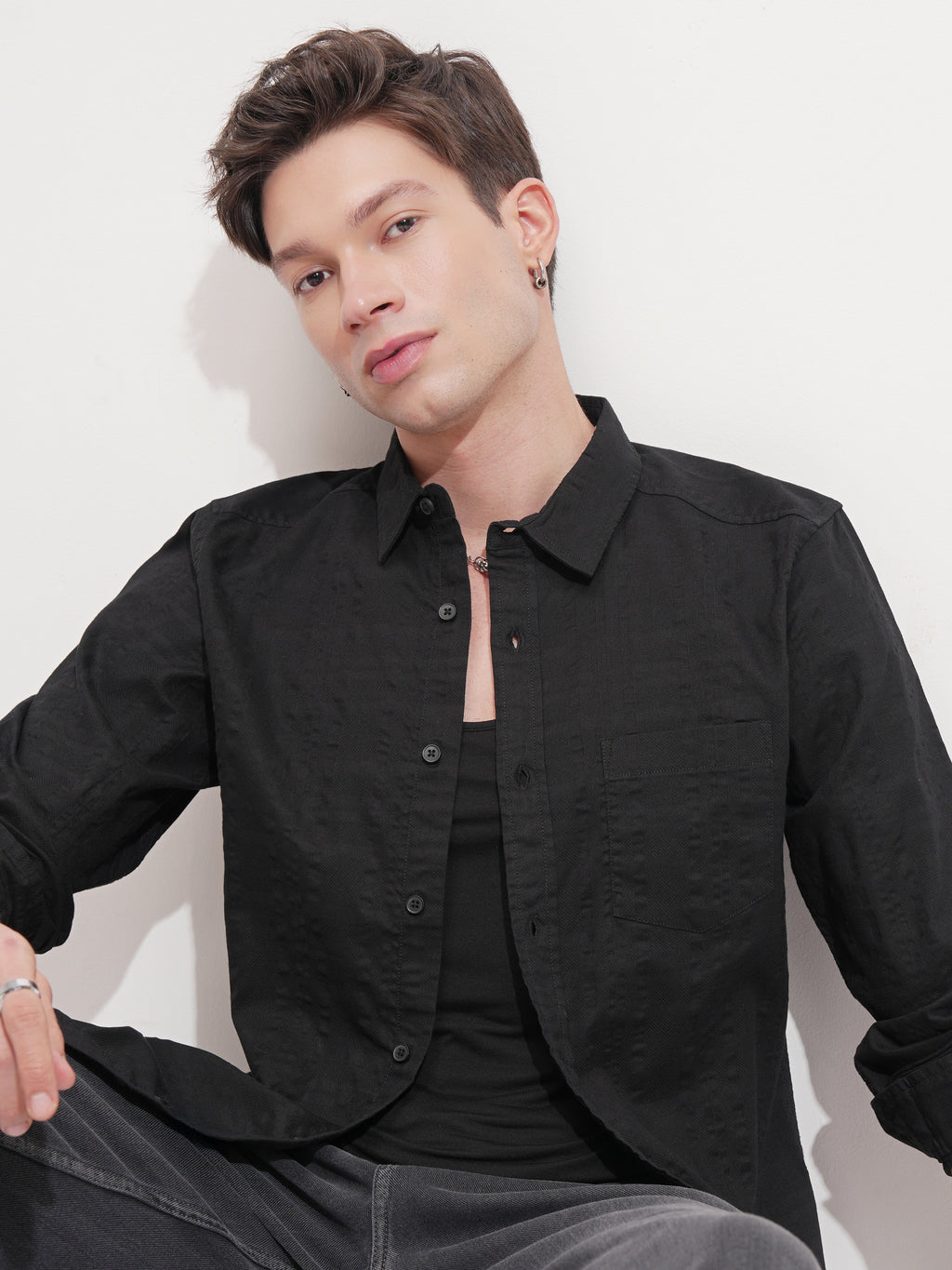 Highlander Men Black Self Design Slim Fit Casual Shirt - Black - Image 1