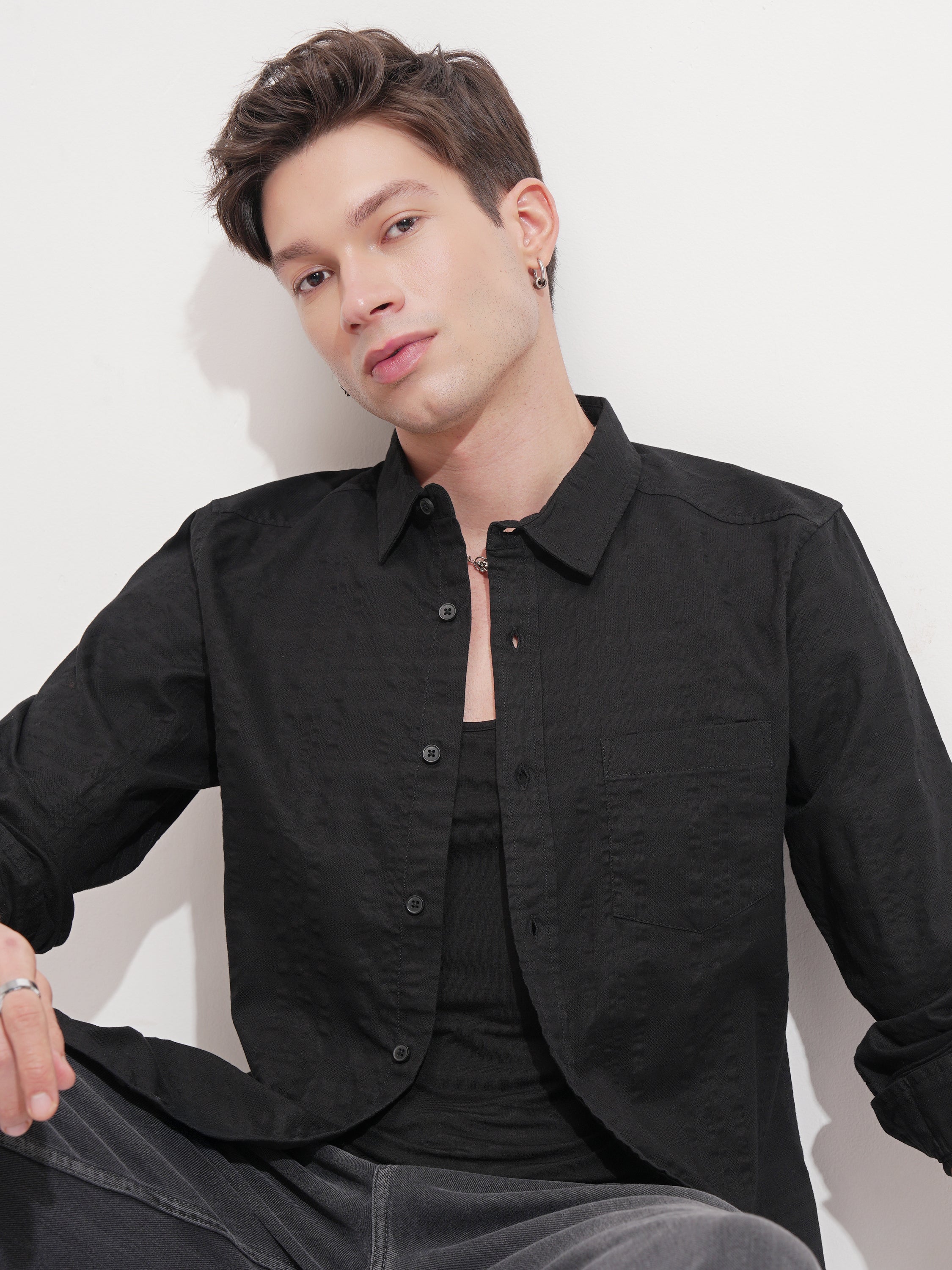 Highlander Men Black Self Design Slim Fit Casual Shirt - Black - Image 1