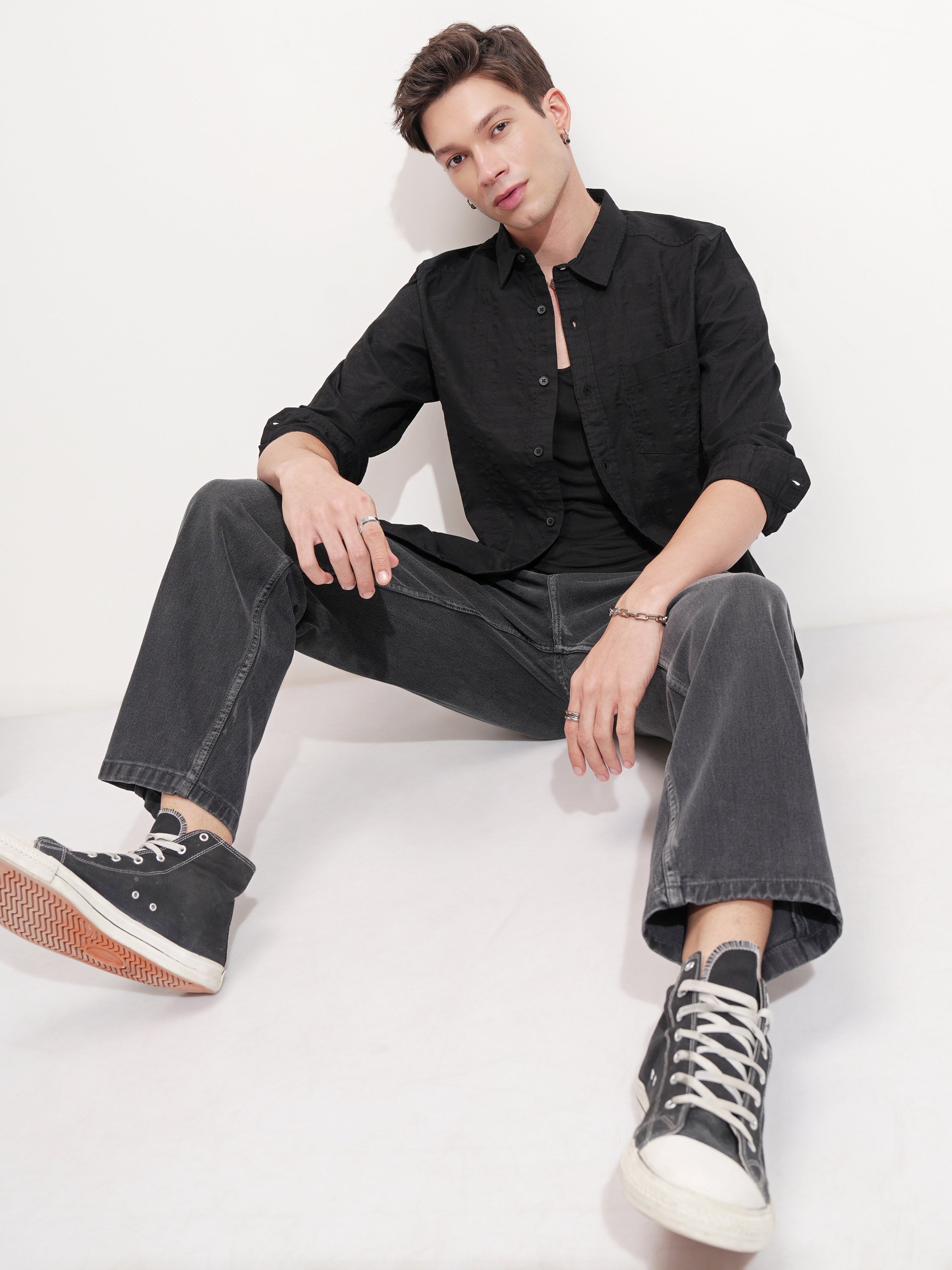 Highlander Men Black Self Design Slim Fit Casual Shirt - Black - Image 2