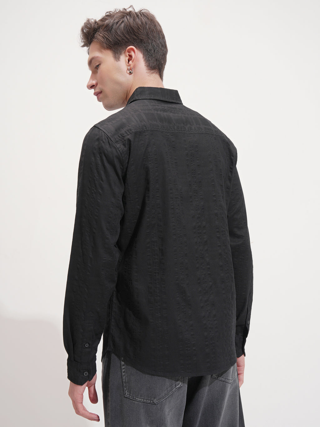 Highlander Men Black Self Design Slim Fit Casual Shirt - Black - Image 3