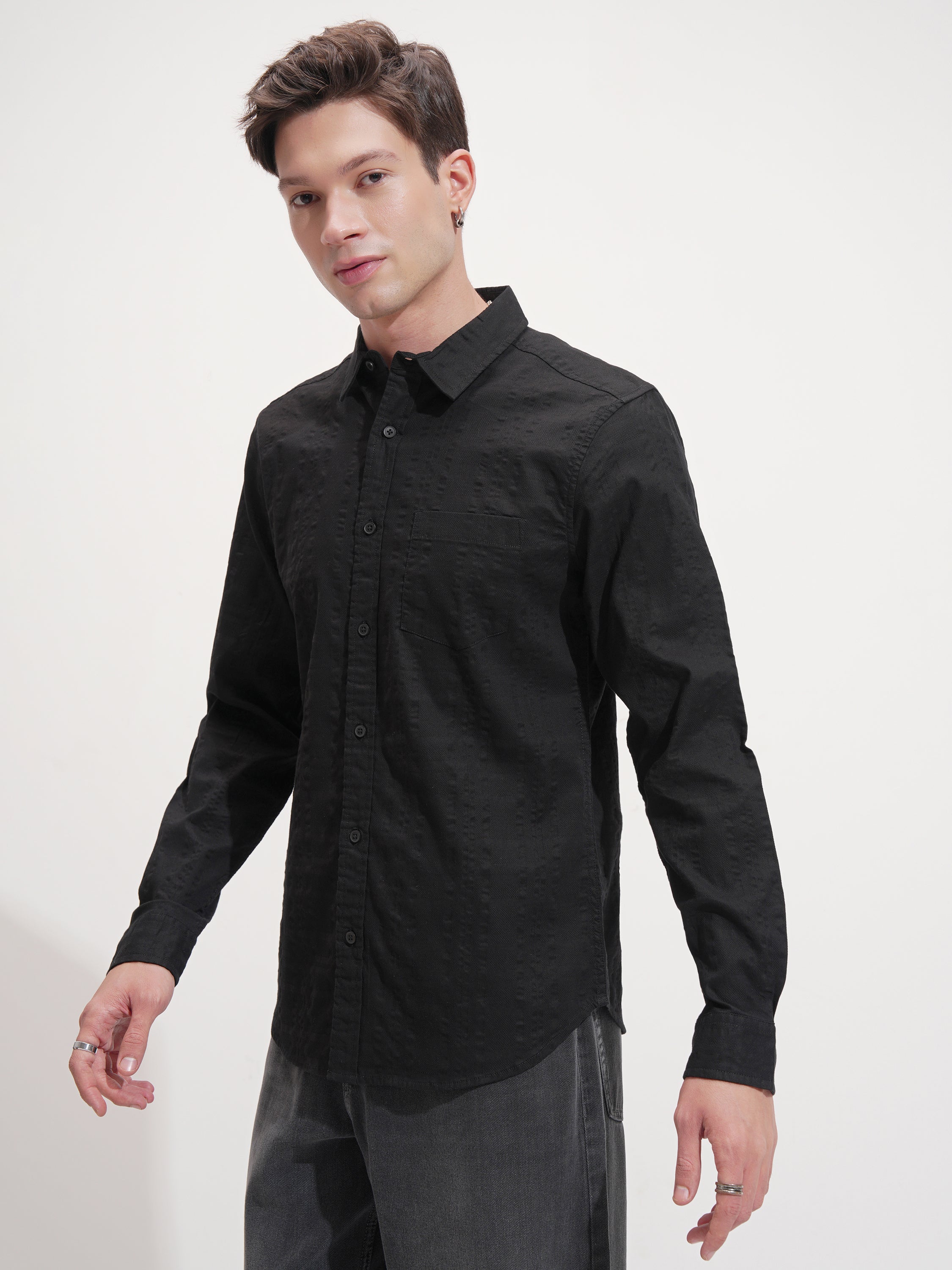 Highlander Men Black Self Design Slim Fit Casual Shirt - Black - Image 4