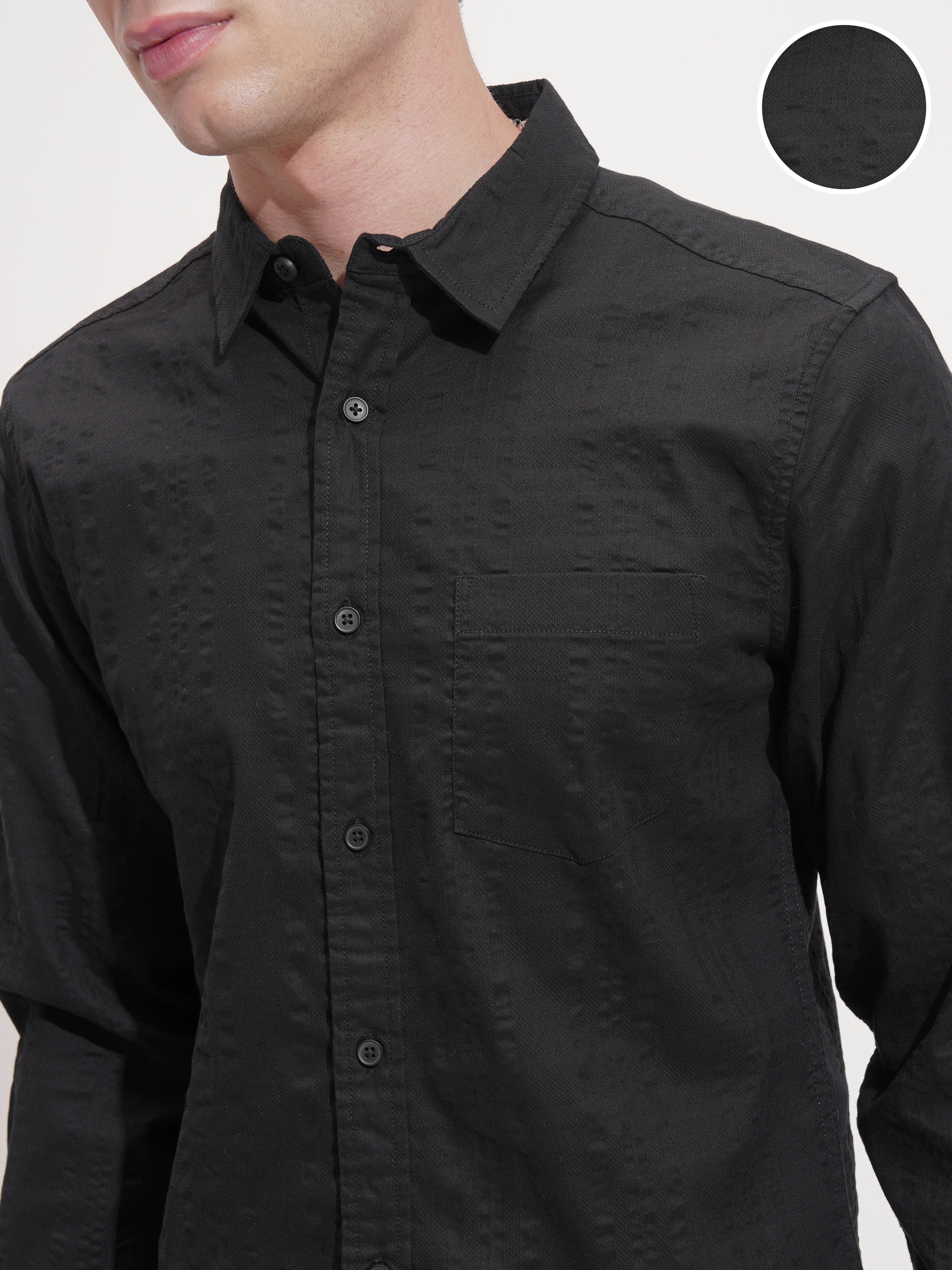 Highlander Men Black Self Design Slim Fit Casual Shirt - Black - Image 5