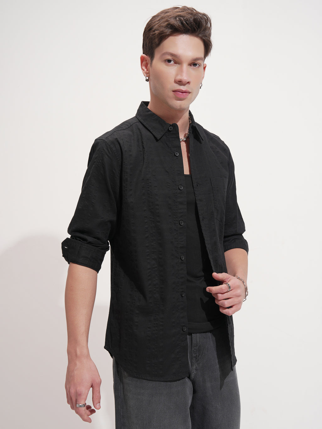 Highlander Men Black Self Design Slim Fit Casual Shirt - Black - Image 6