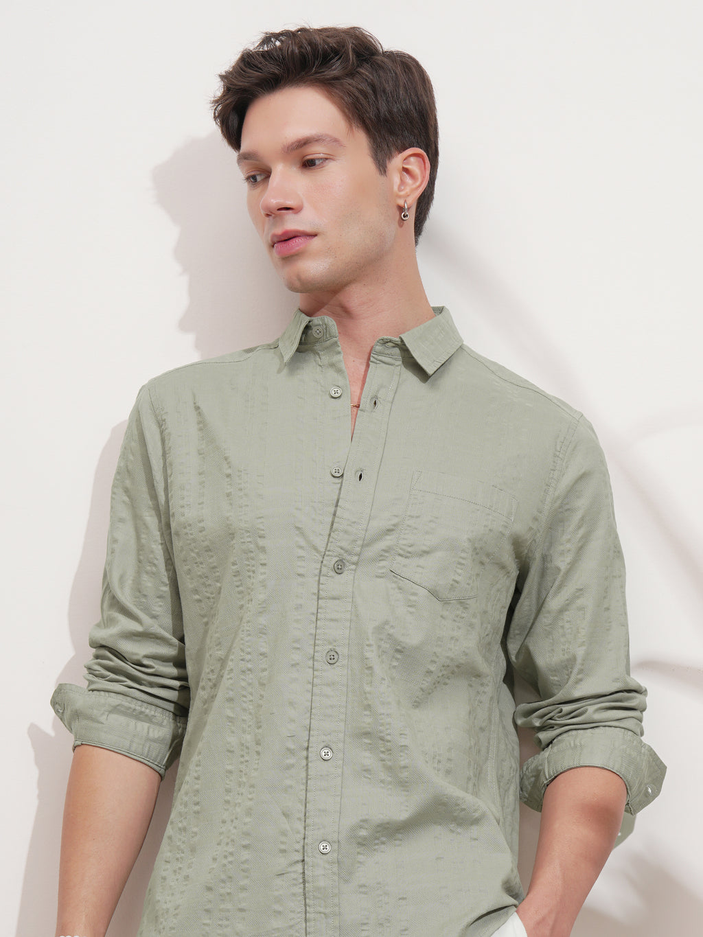 Highlander Men Green Self Design Slim Fit Casual Shirt - Green - Image 1