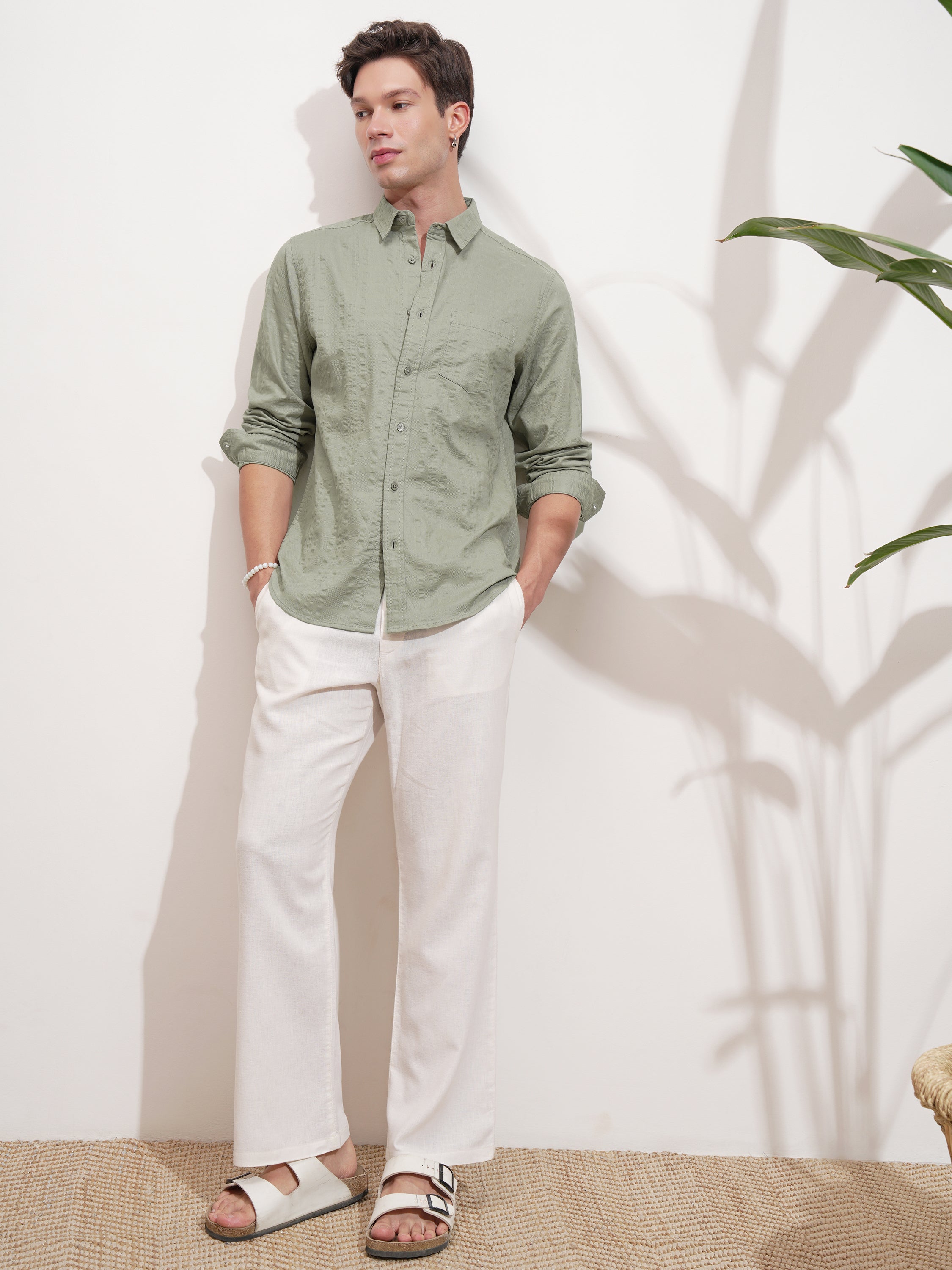 Highlander Men Green Self Design Slim Fit Casual Shirt - Green - Image 2