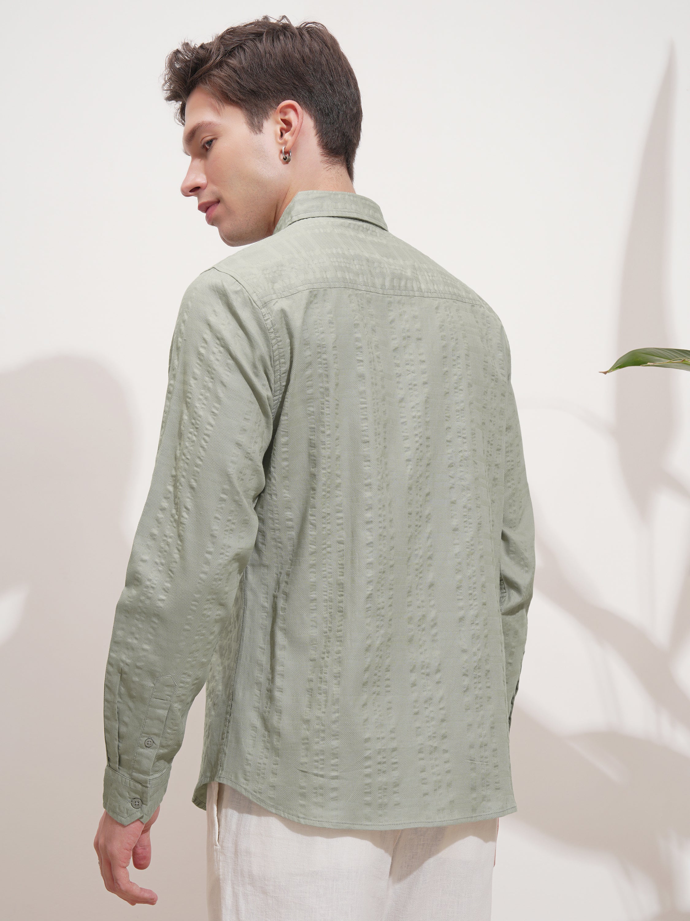 Highlander Men Green Self Design Slim Fit Casual Shirt - Green - Image 3
