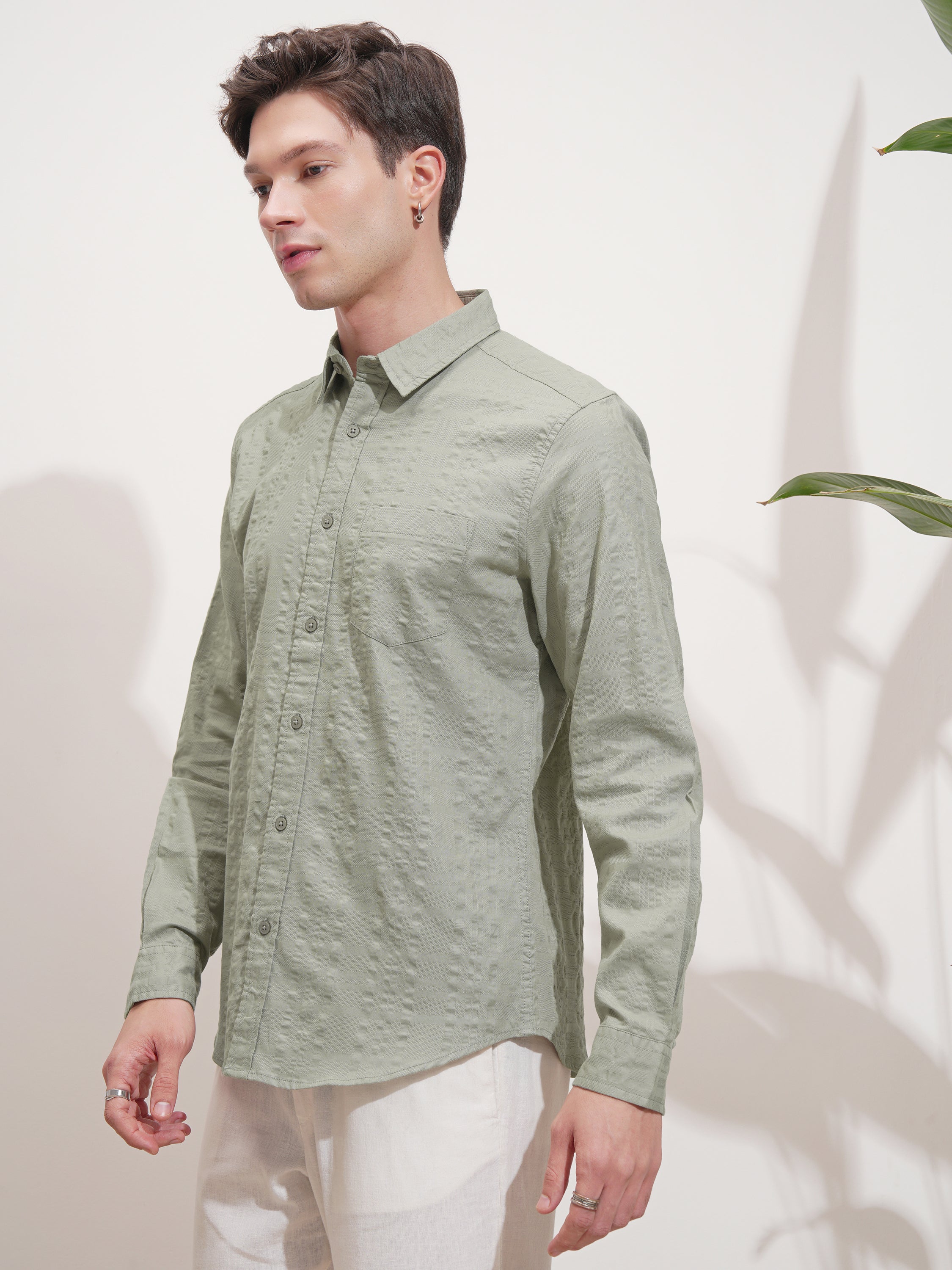 Highlander Men Green Self Design Slim Fit Casual Shirt - Green - Image 4