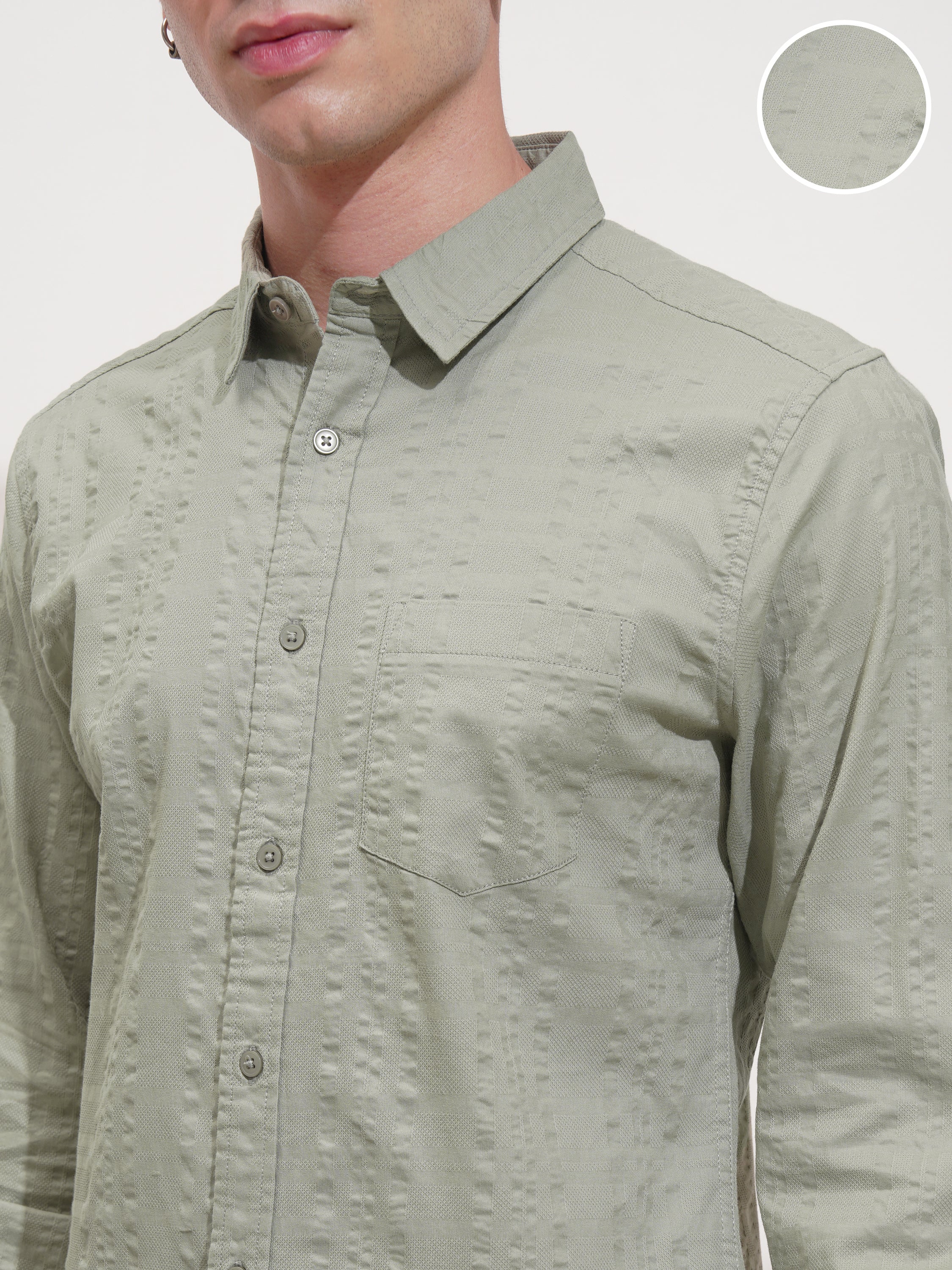 Highlander Men Green Self Design Slim Fit Casual Shirt - Green - Image 5