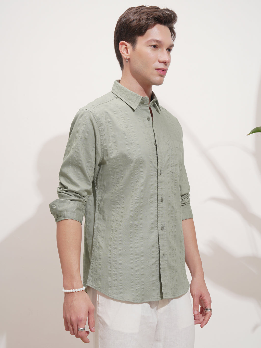 Highlander Men Green Self Design Slim Fit Casual Shirt - Green - Image 6