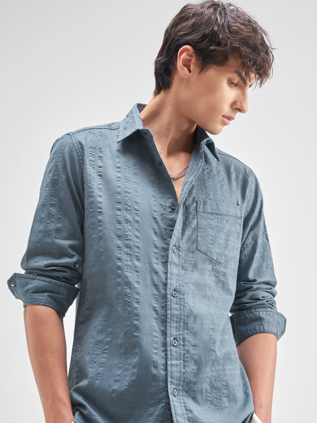 Highlander Men Blue Self Design Regular Fit Casual Shirt - Blue - Image 1