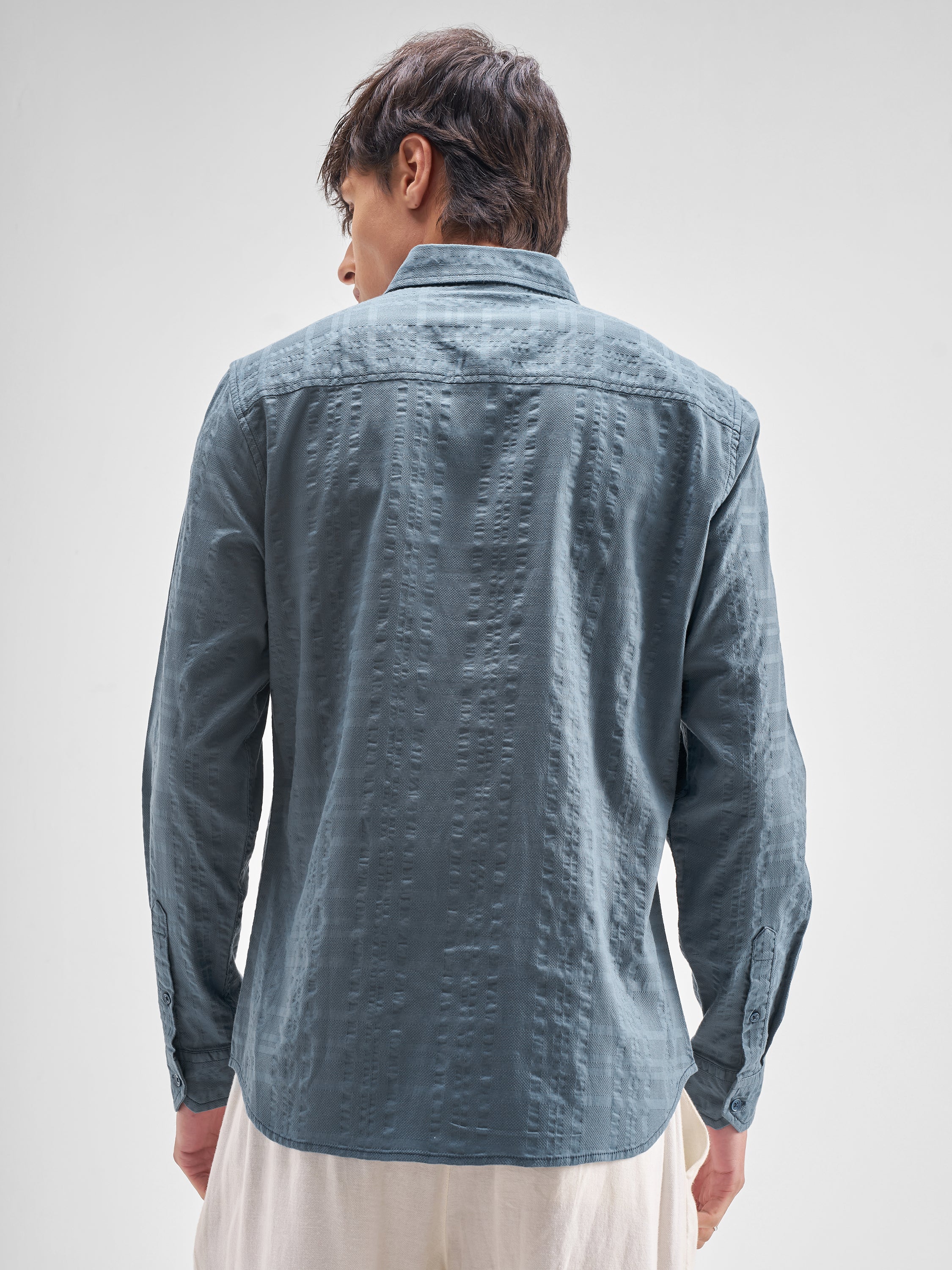 Highlander Men Blue Self Design Regular Fit Casual Shirt - Blue - Image 3