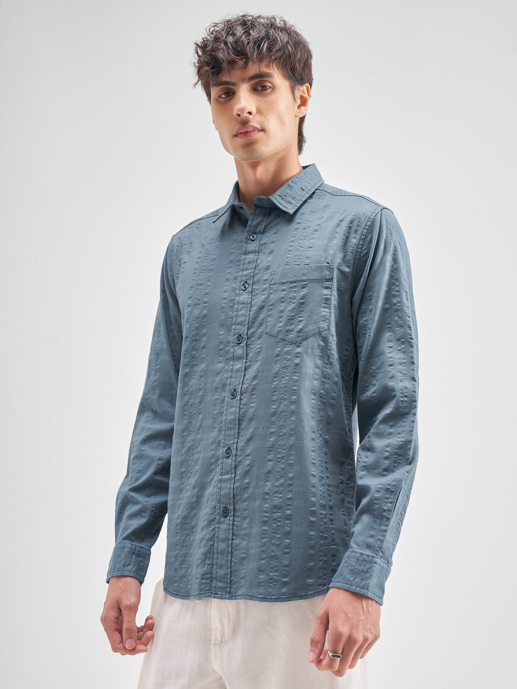 Highlander Men Blue Self Design Regular Fit Casual Shirt - Blue - Image 4