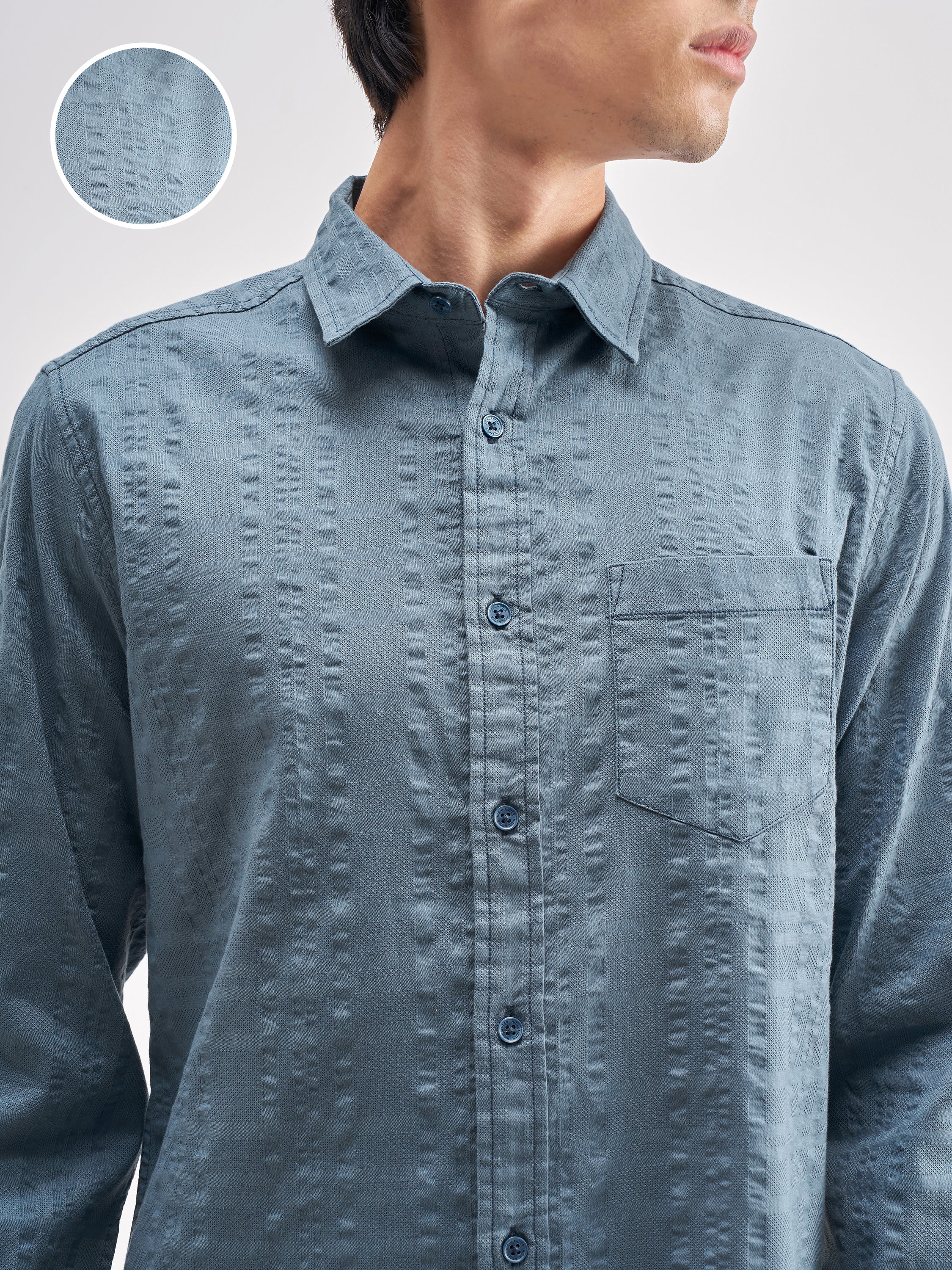 Highlander Men Blue Self Design Regular Fit Casual Shirt - Blue - Image 5