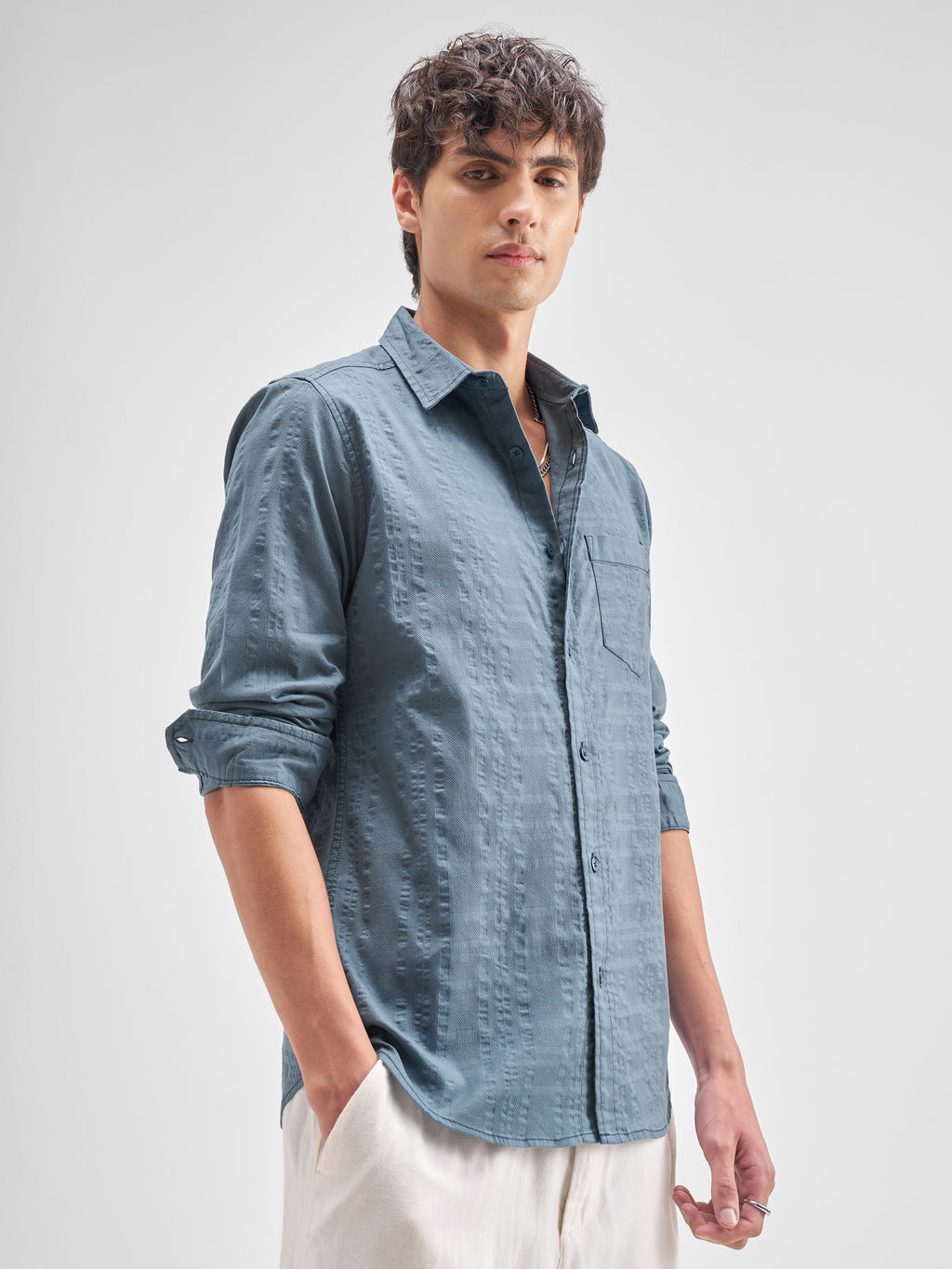 Highlander Men Blue Self Design Regular Fit Casual Shirt - Blue - Image 6