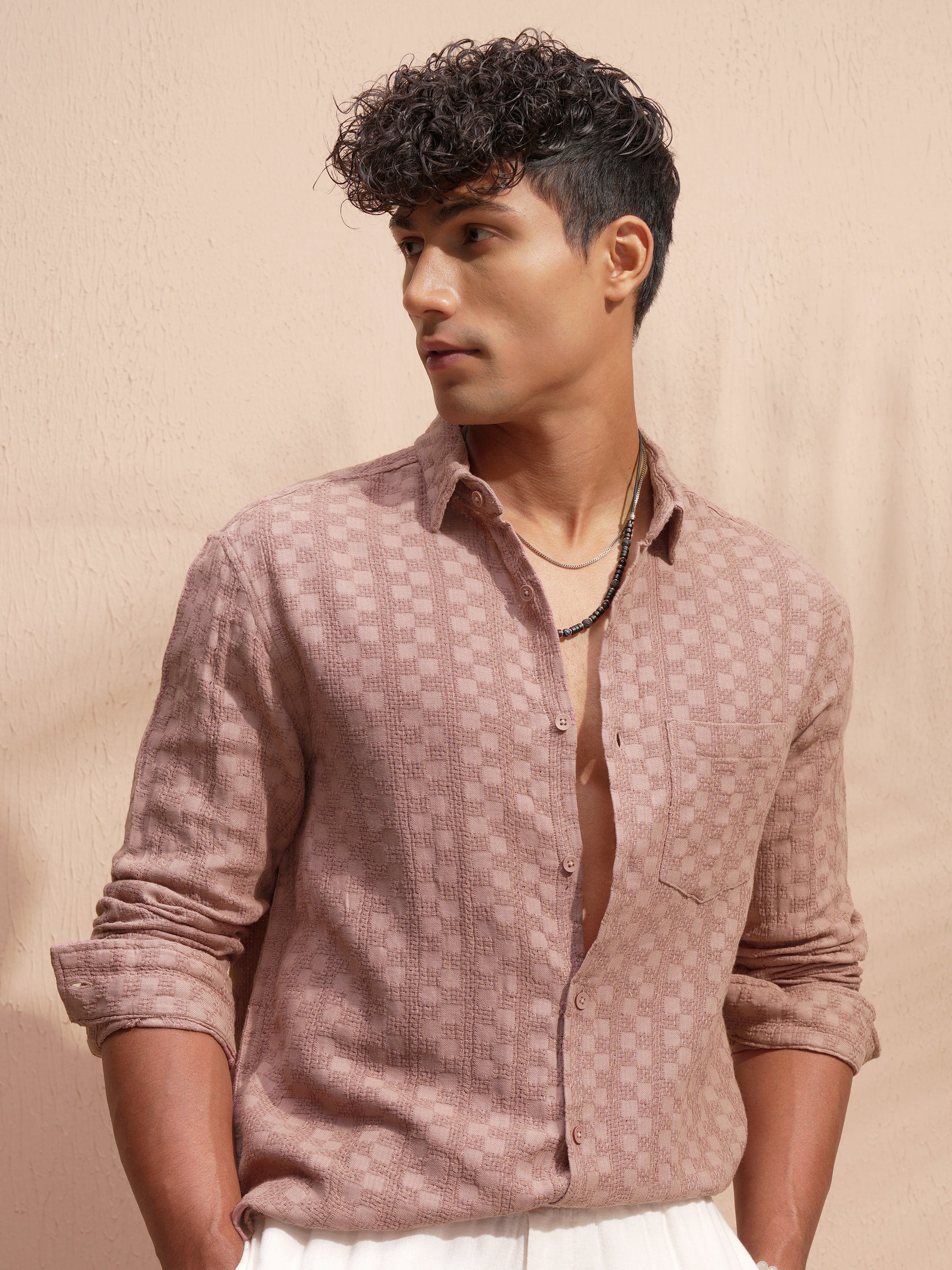 Highlander Men Copper Self Design Relaxed Fit Casual Shirt - Copper - Image 1