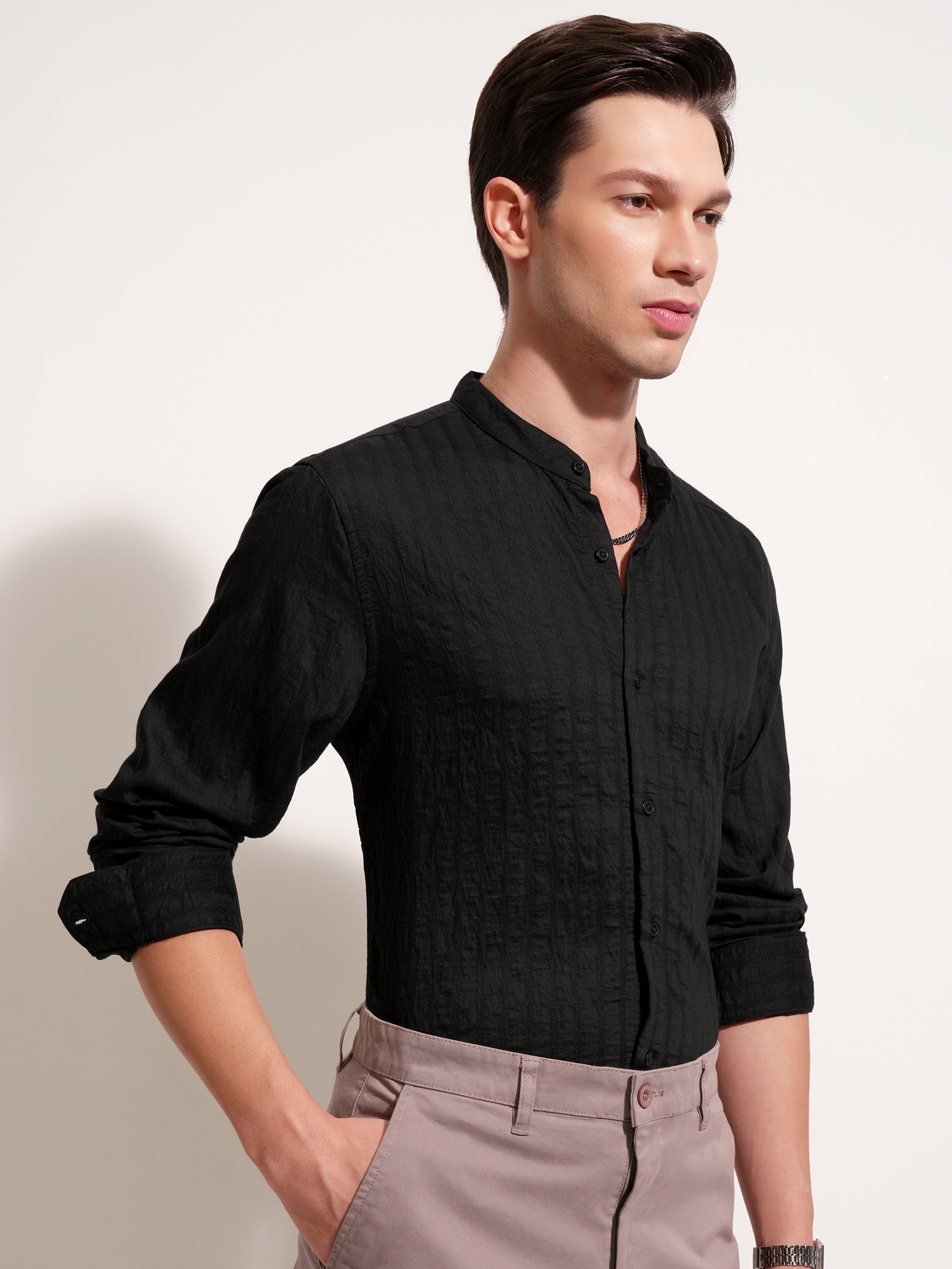 Highlander Men Black Striped Slim Fit Casual Shirt - Black - Image 6