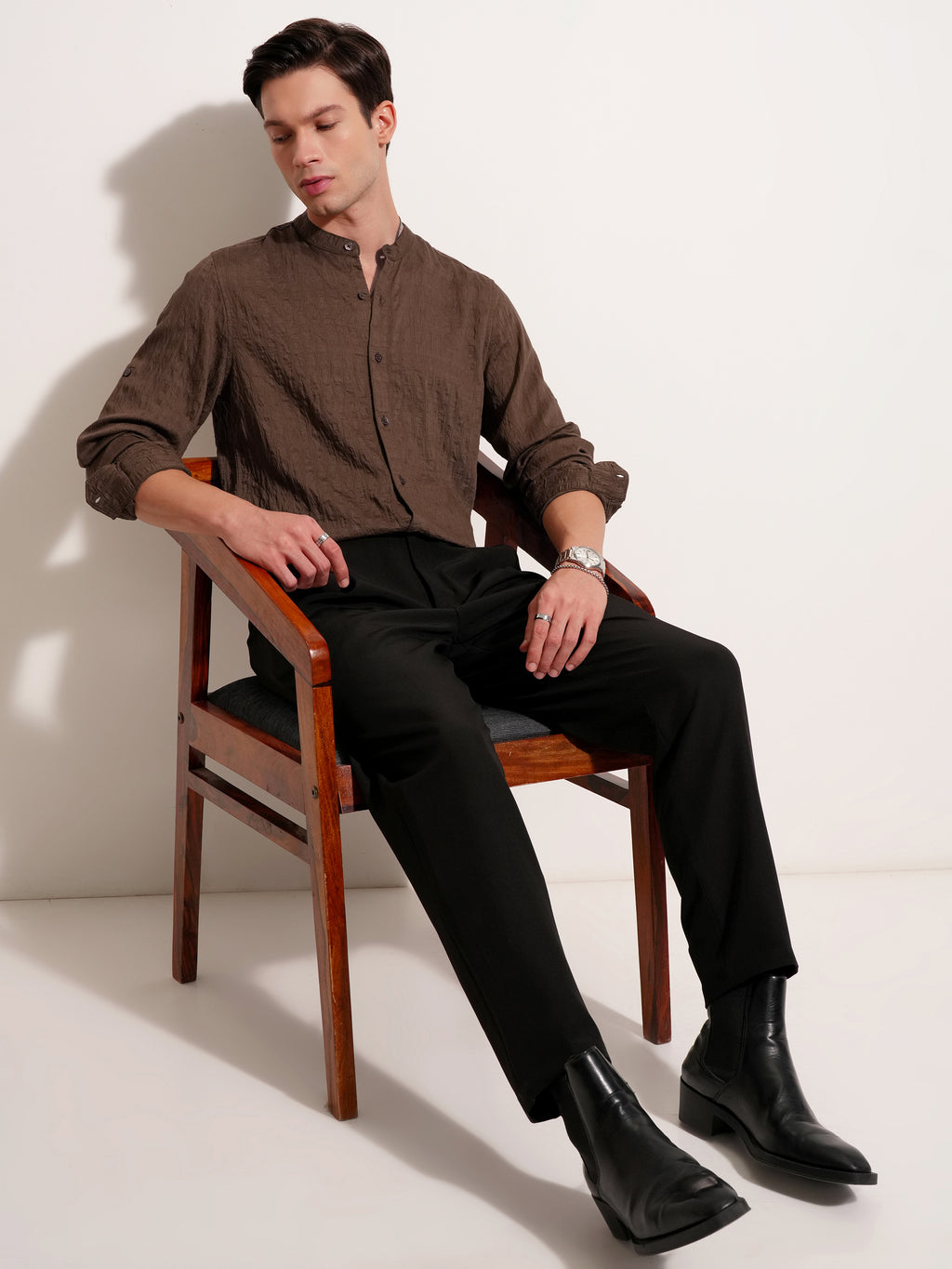 Highlander Men Brown Self Design Slim Fit Casual Shirt - Brown - Image 2