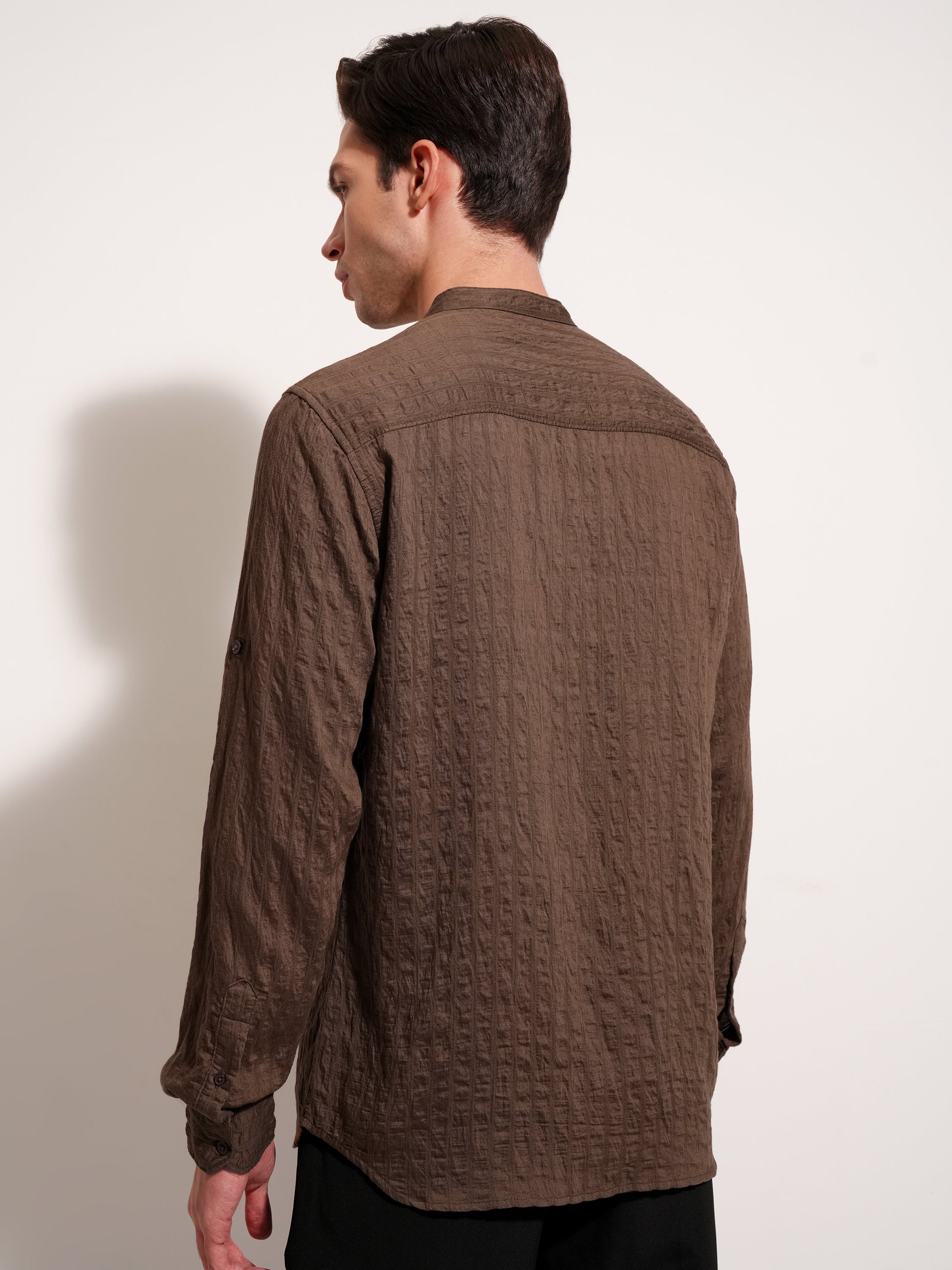 Highlander Men Brown Self Design Slim Fit Casual Shirt - Brown - Image 3