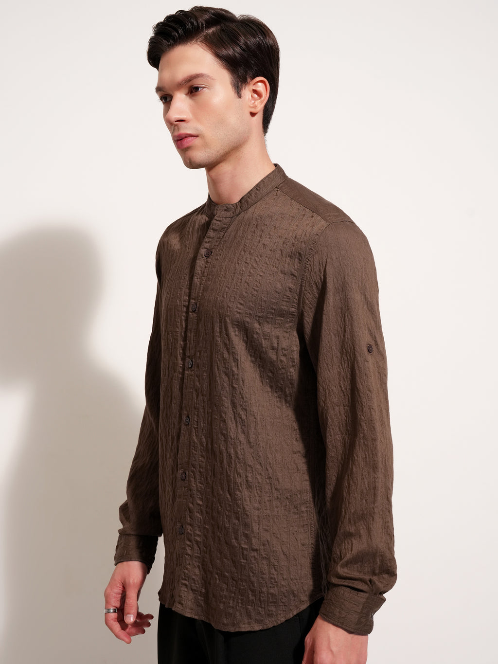Highlander Men Brown Self Design Slim Fit Casual Shirt - Brown - Image 4