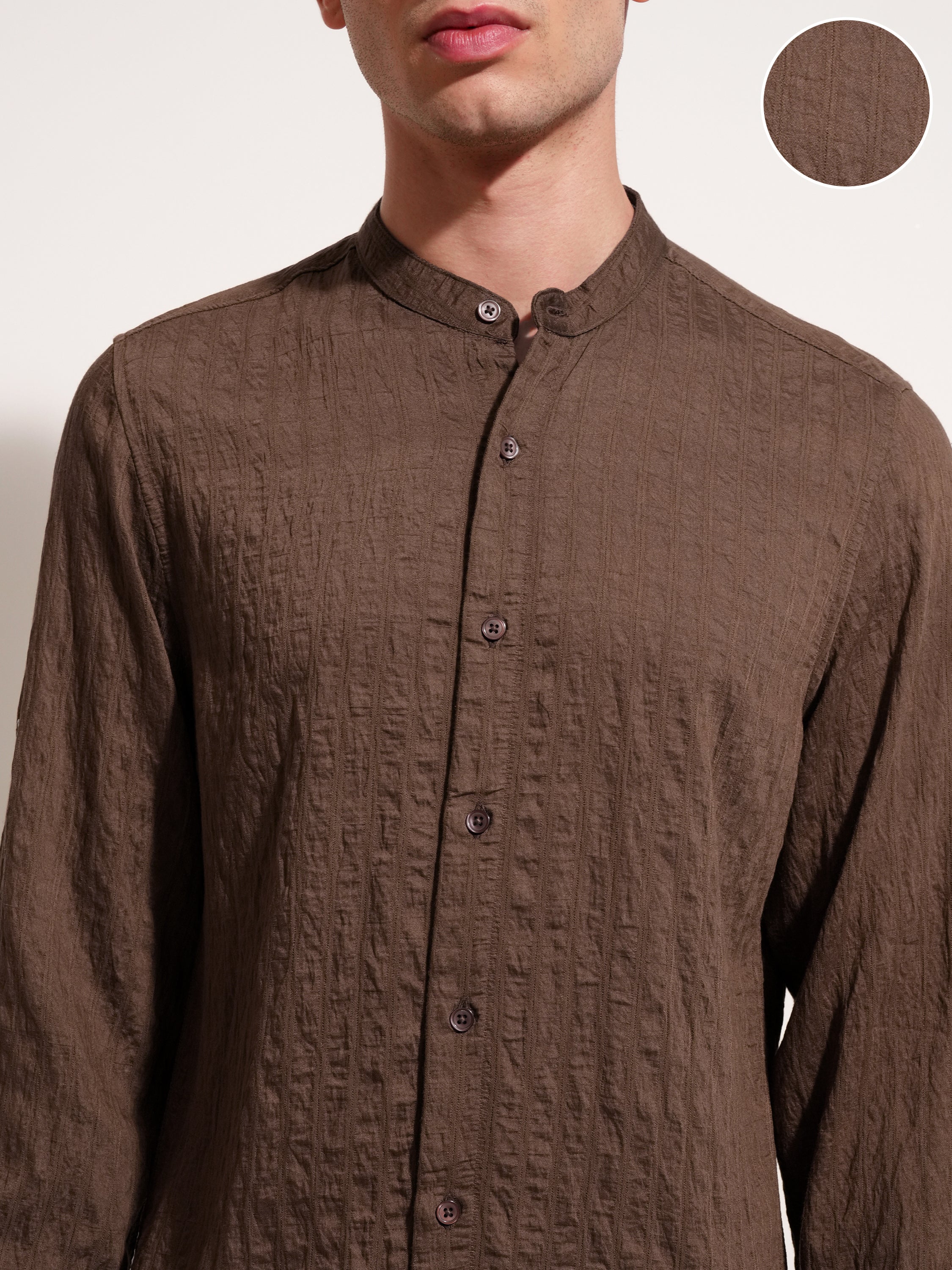 Highlander Men Brown Self Design Slim Fit Casual Shirt - Brown - Image 5