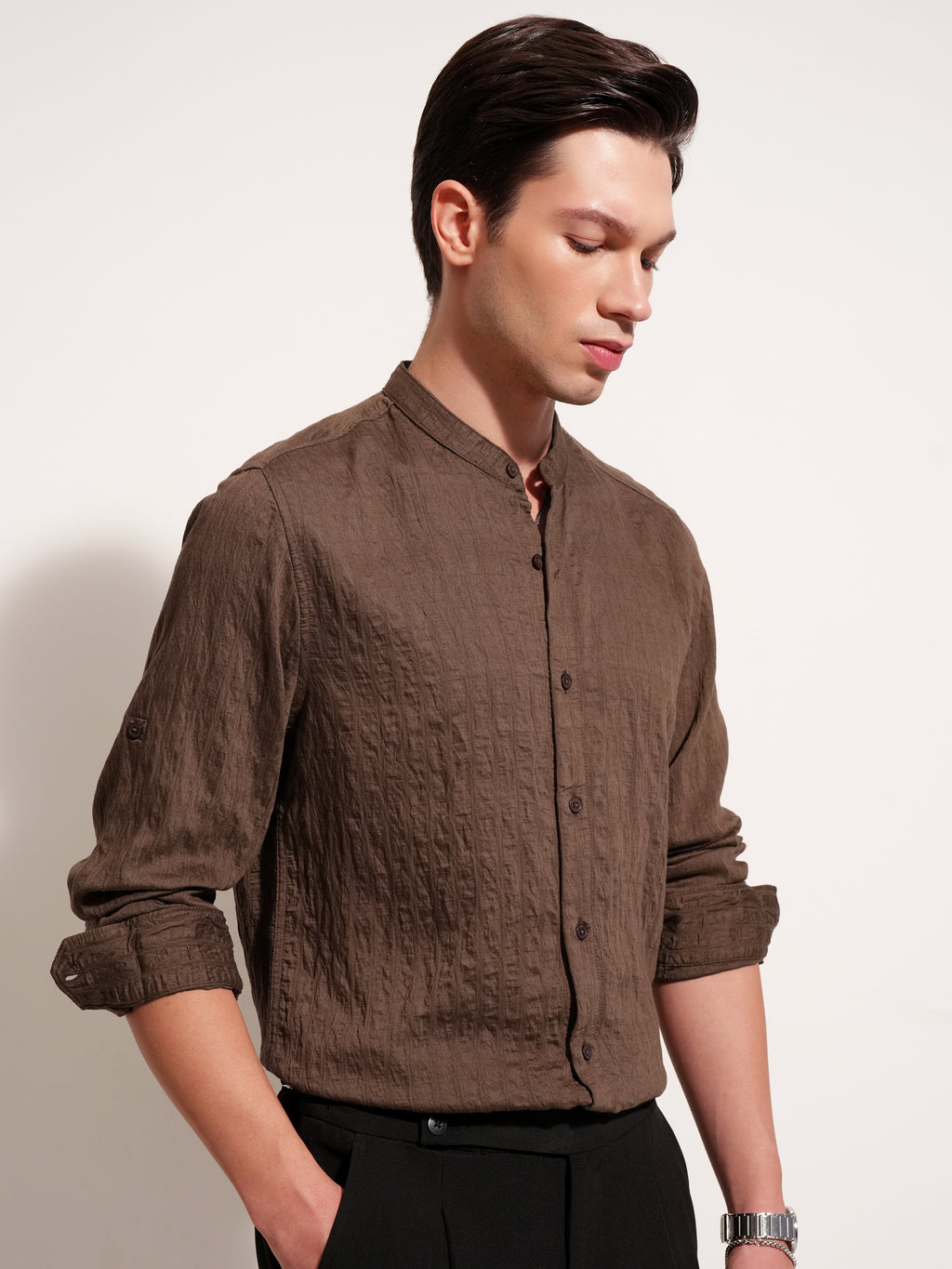 Highlander Men Brown Self Design Slim Fit Casual Shirt - Brown - Image 6