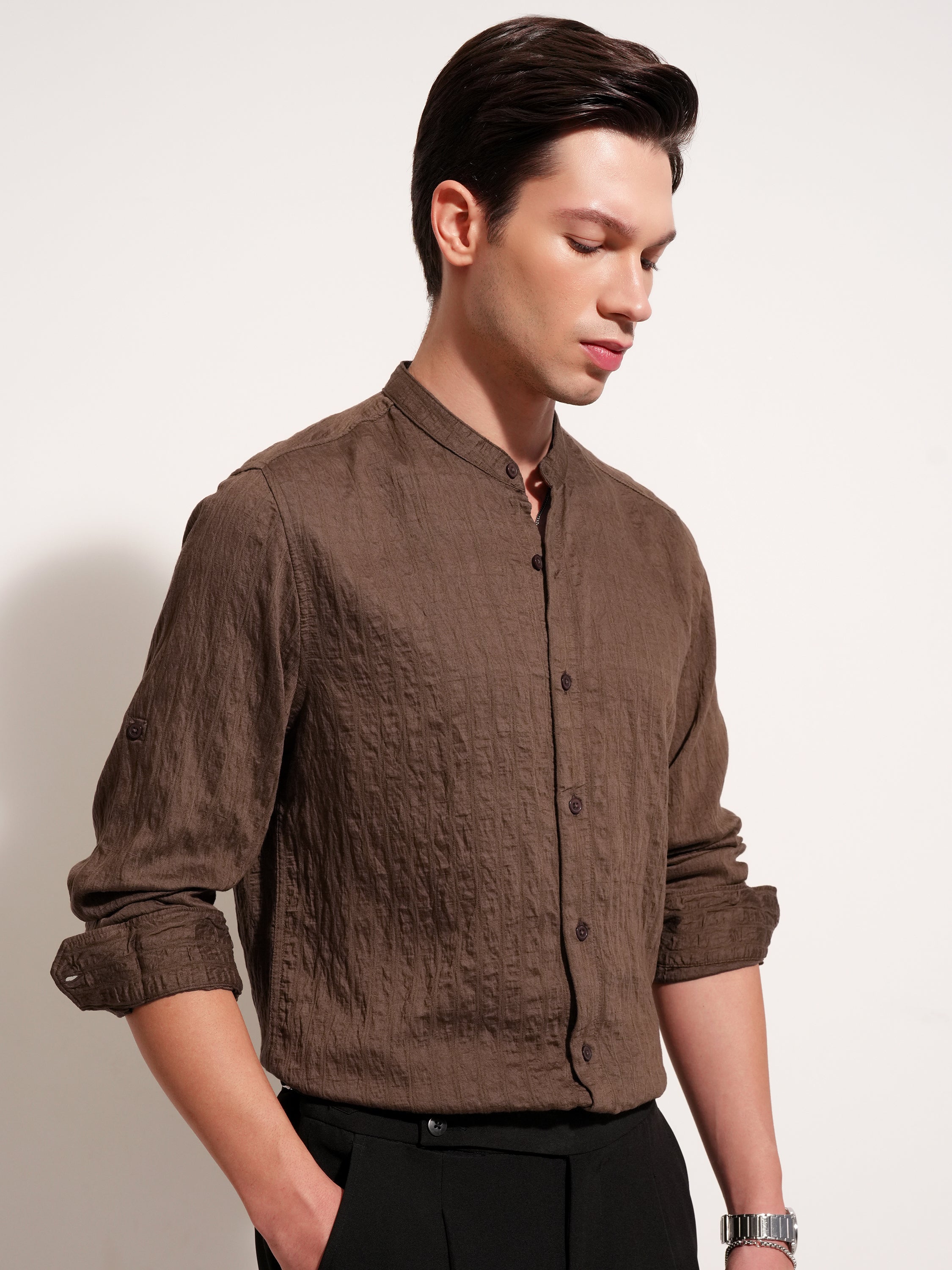 Highlander Men Brown Self Design Slim Fit Casual Shirt - Brown - Image 6