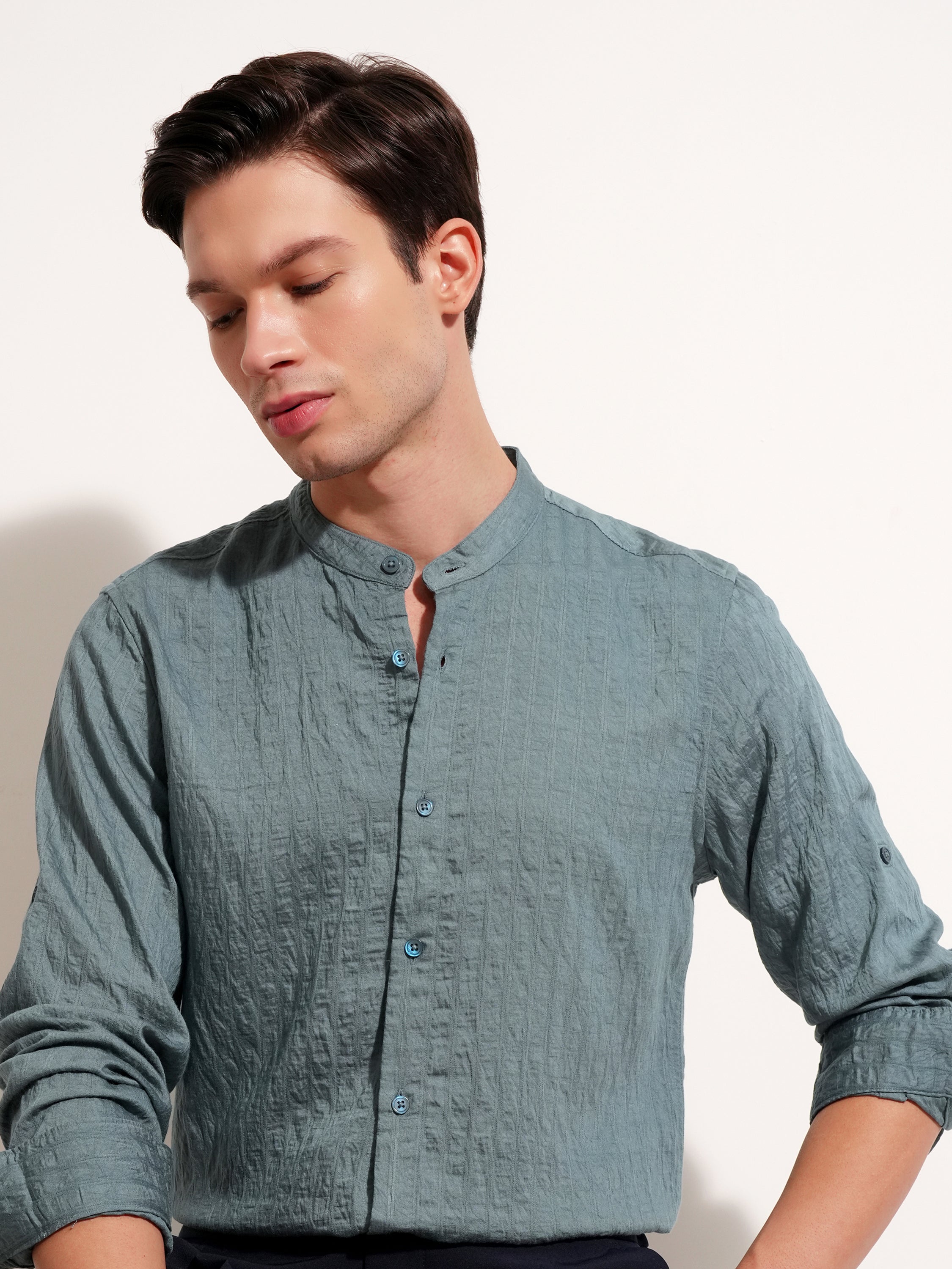 Highlander Men Blue Self Design Slim Fit Casual Shirt - Blue - Image 1