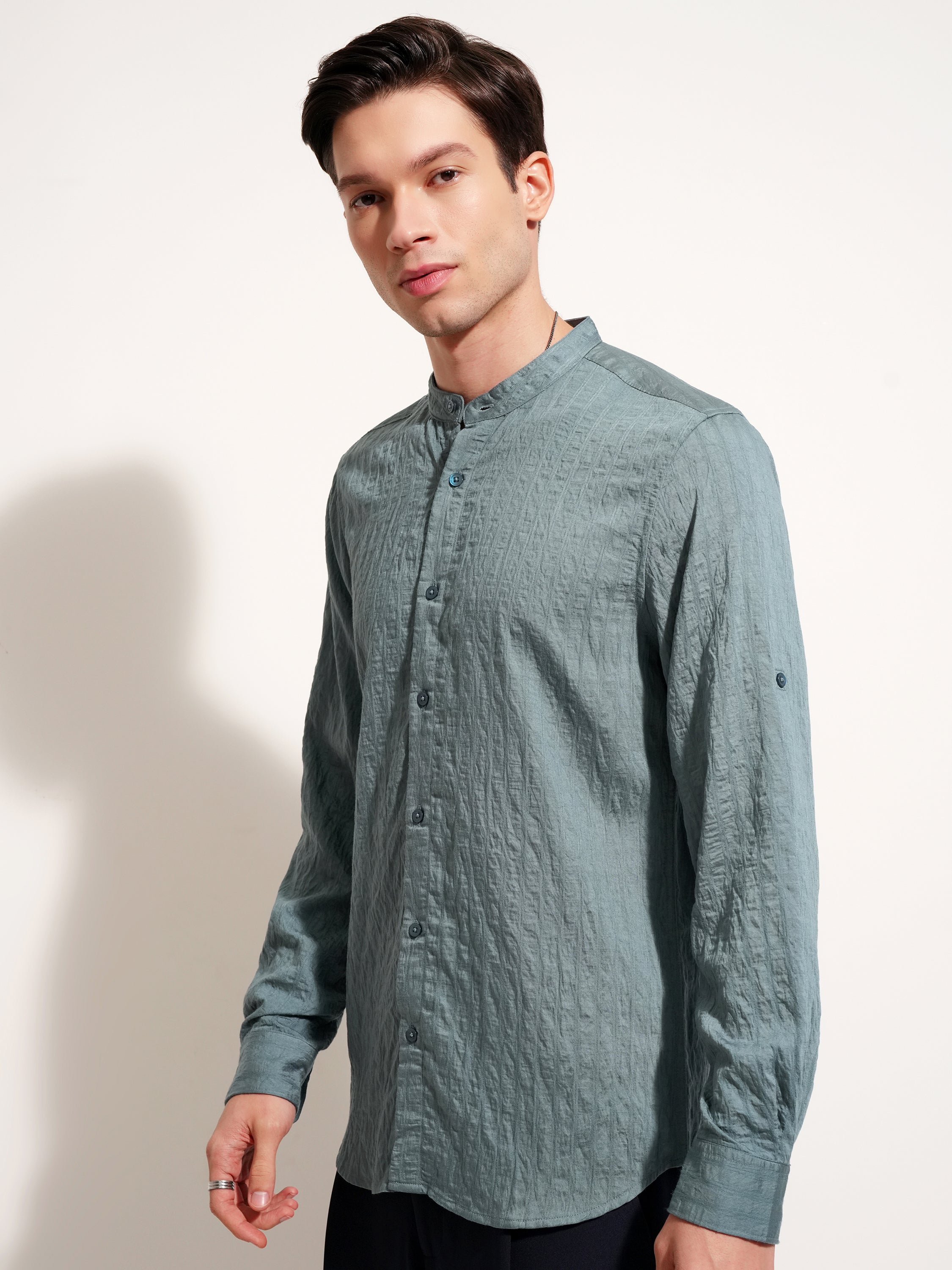 Highlander Men Blue Self Design Slim Fit Casual Shirt - Blue - Image 4