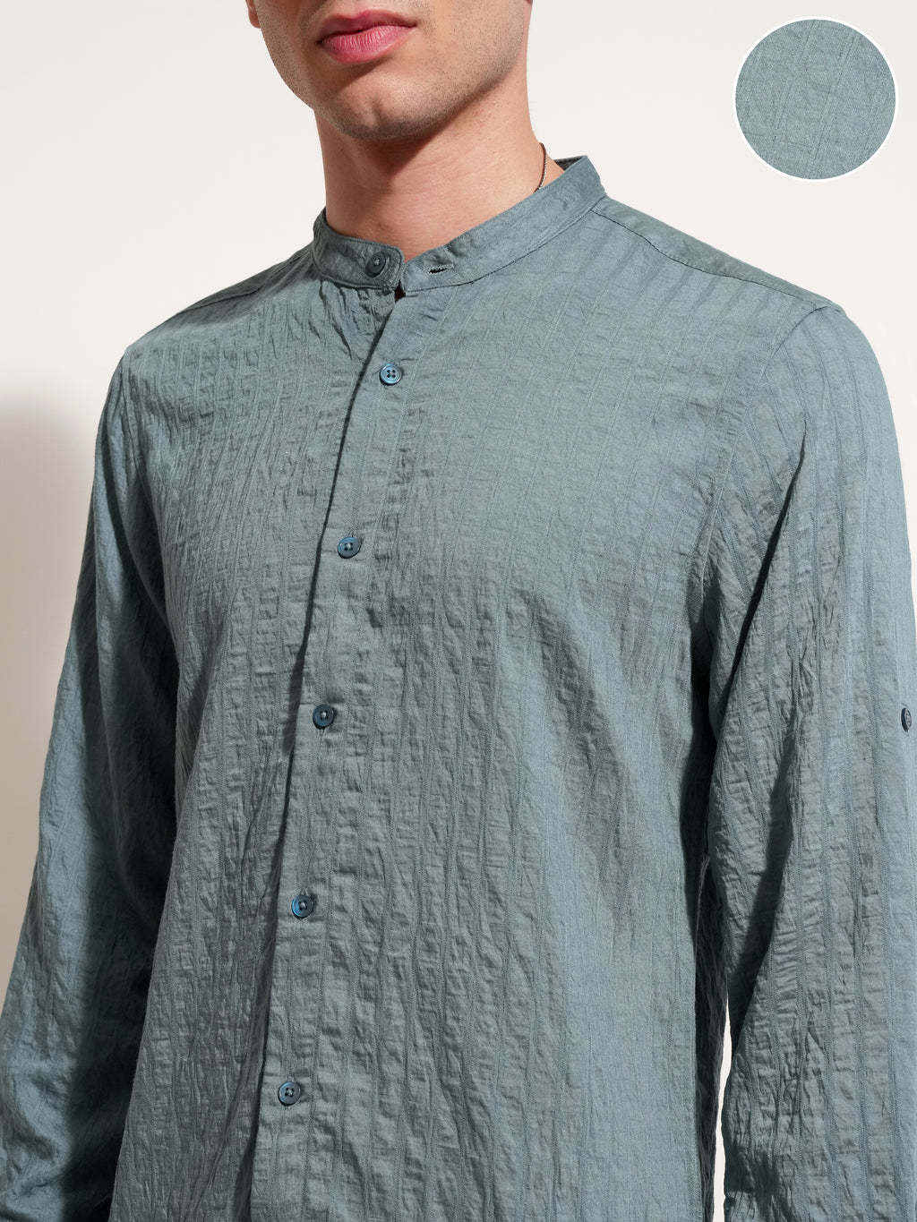 Highlander Men Blue Self Design Slim Fit Casual Shirt - Blue - Image 5