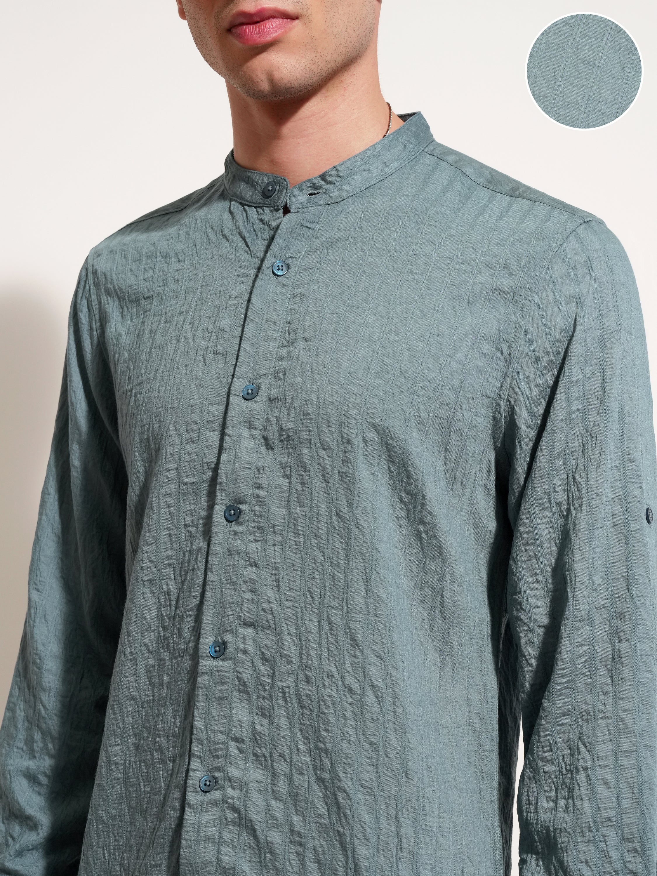 Highlander Men Blue Self Design Slim Fit Casual Shirt - Blue - Image 5