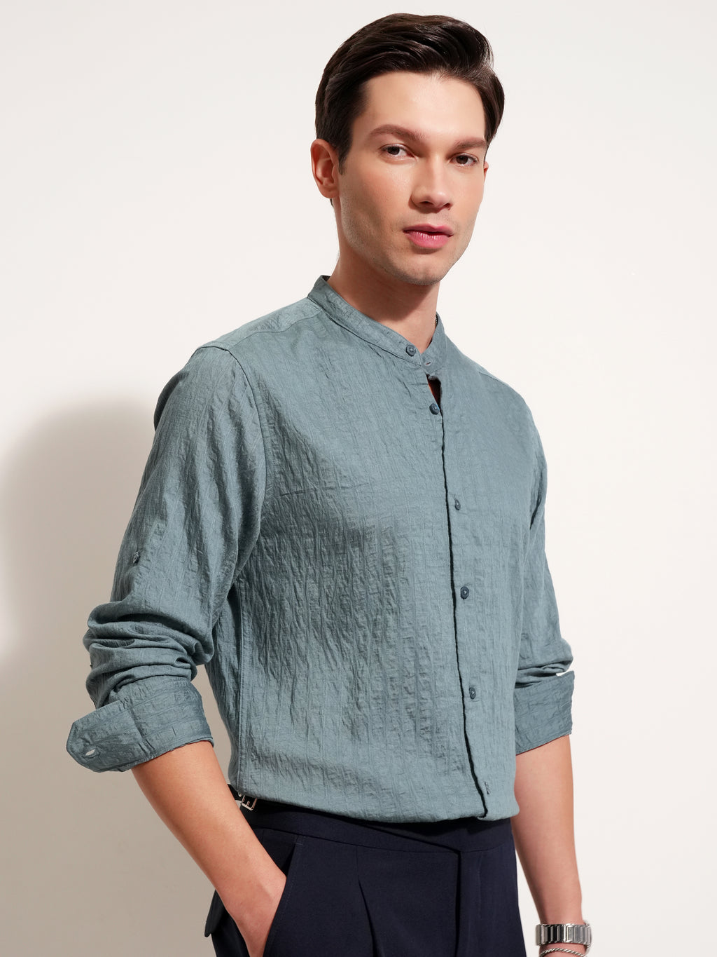 Highlander Men Blue Self Design Slim Fit Casual Shirt - Blue - Image 6