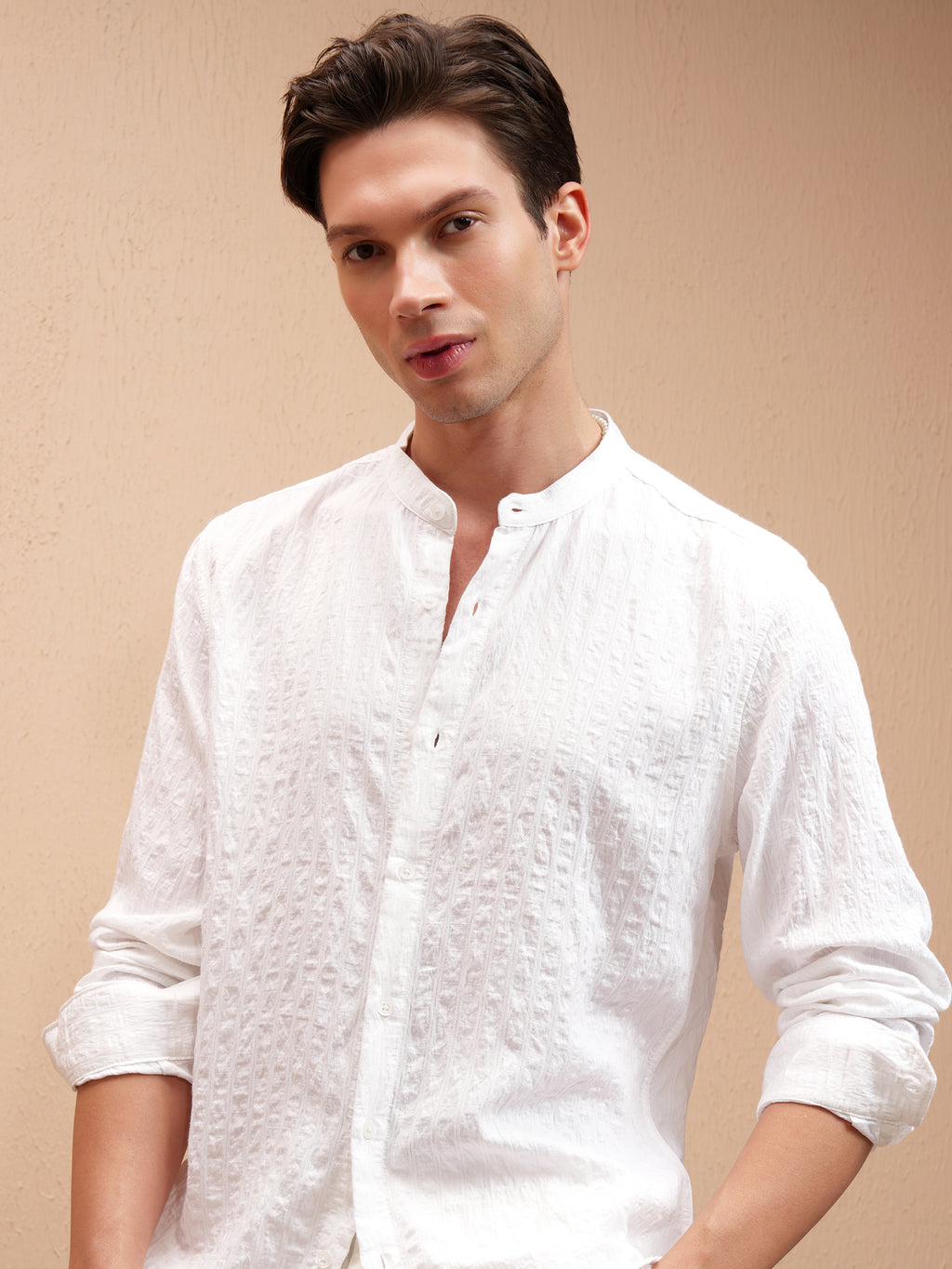 Highlander Men White Self Design Slim Fit Casual Shirt - White - Image 1