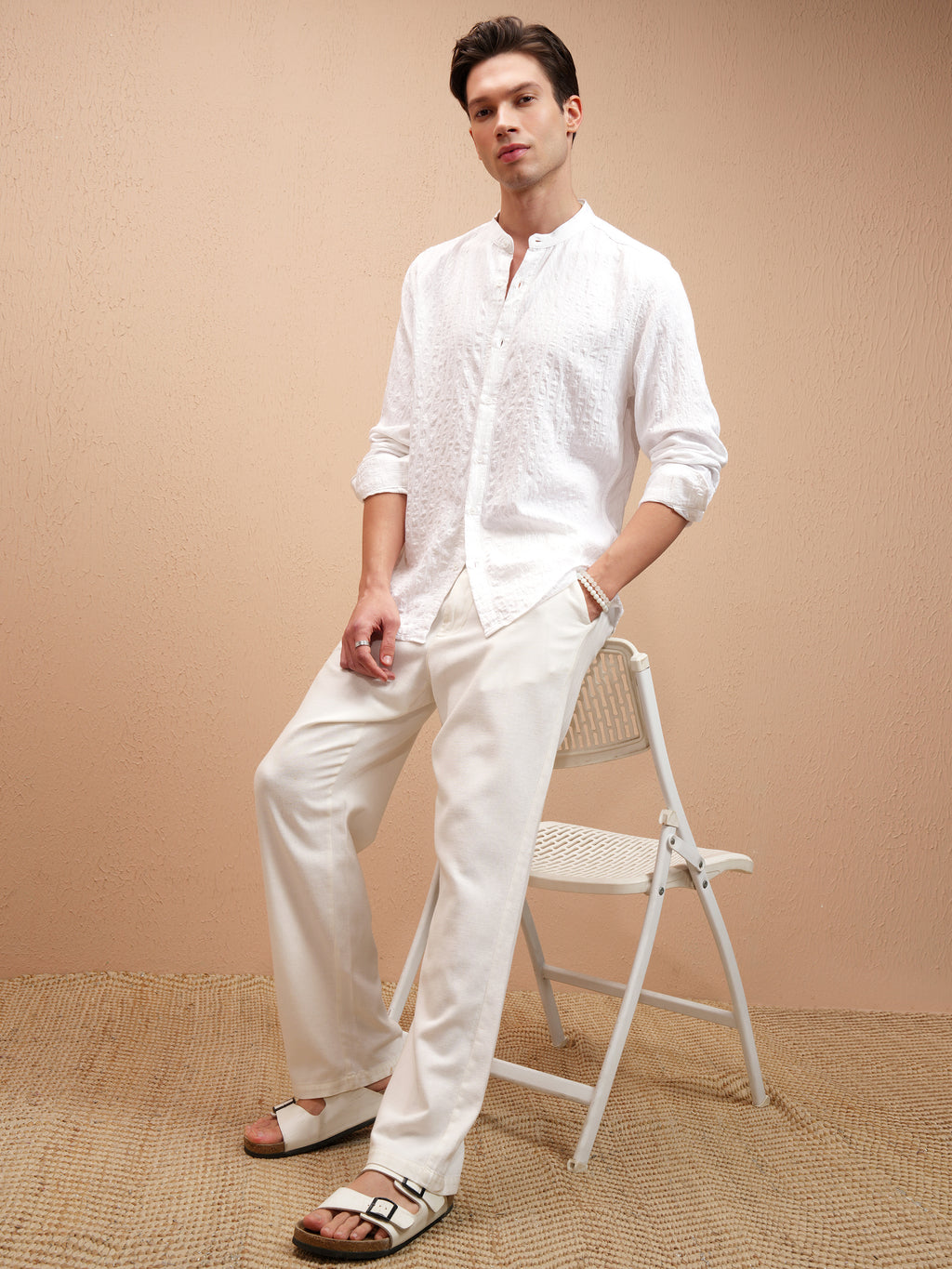 Highlander Men White Self Design Slim Fit Casual Shirt - White - Image 2
