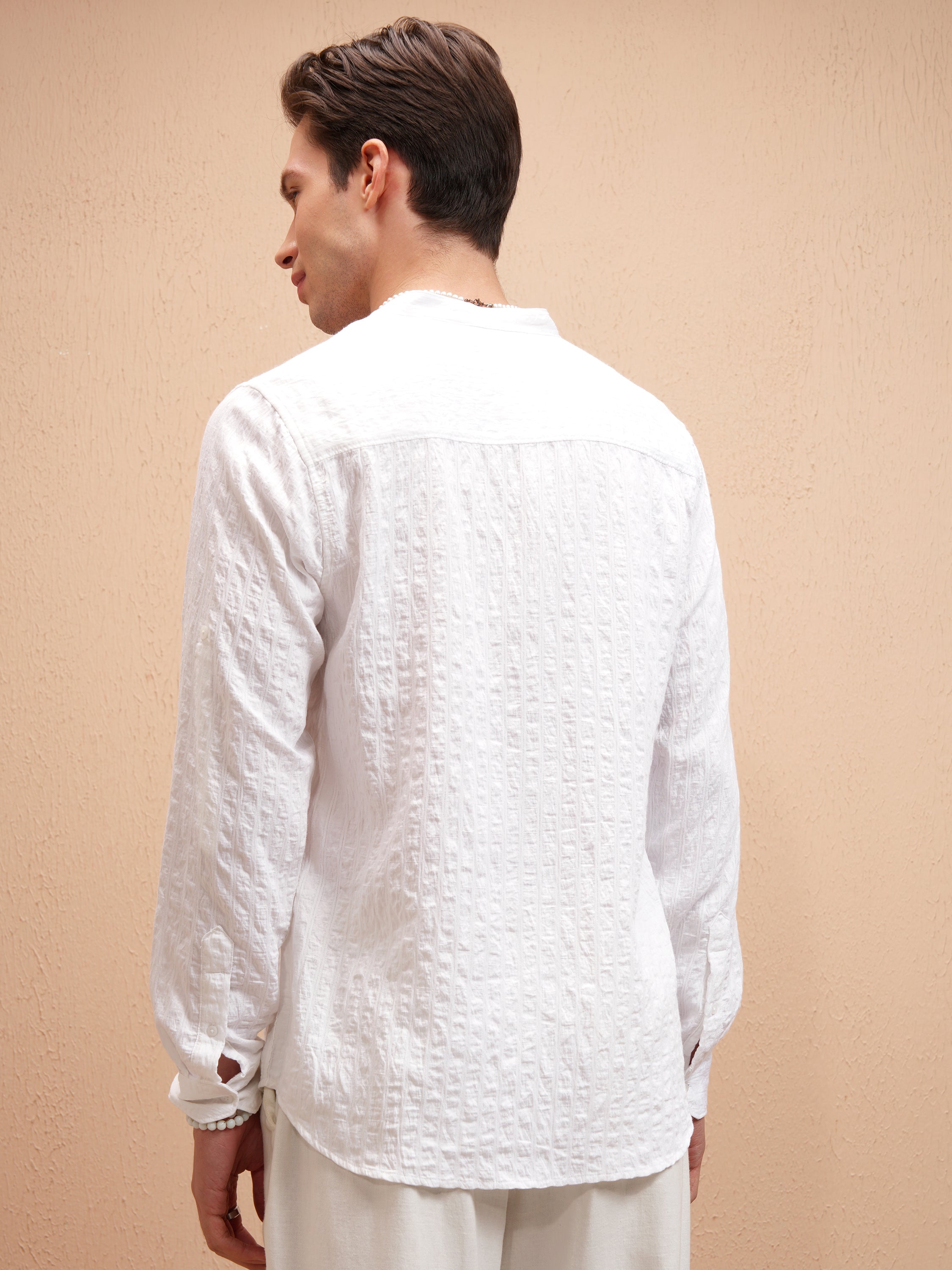 Highlander Men White Self Design Slim Fit Casual Shirt - White - Image 3