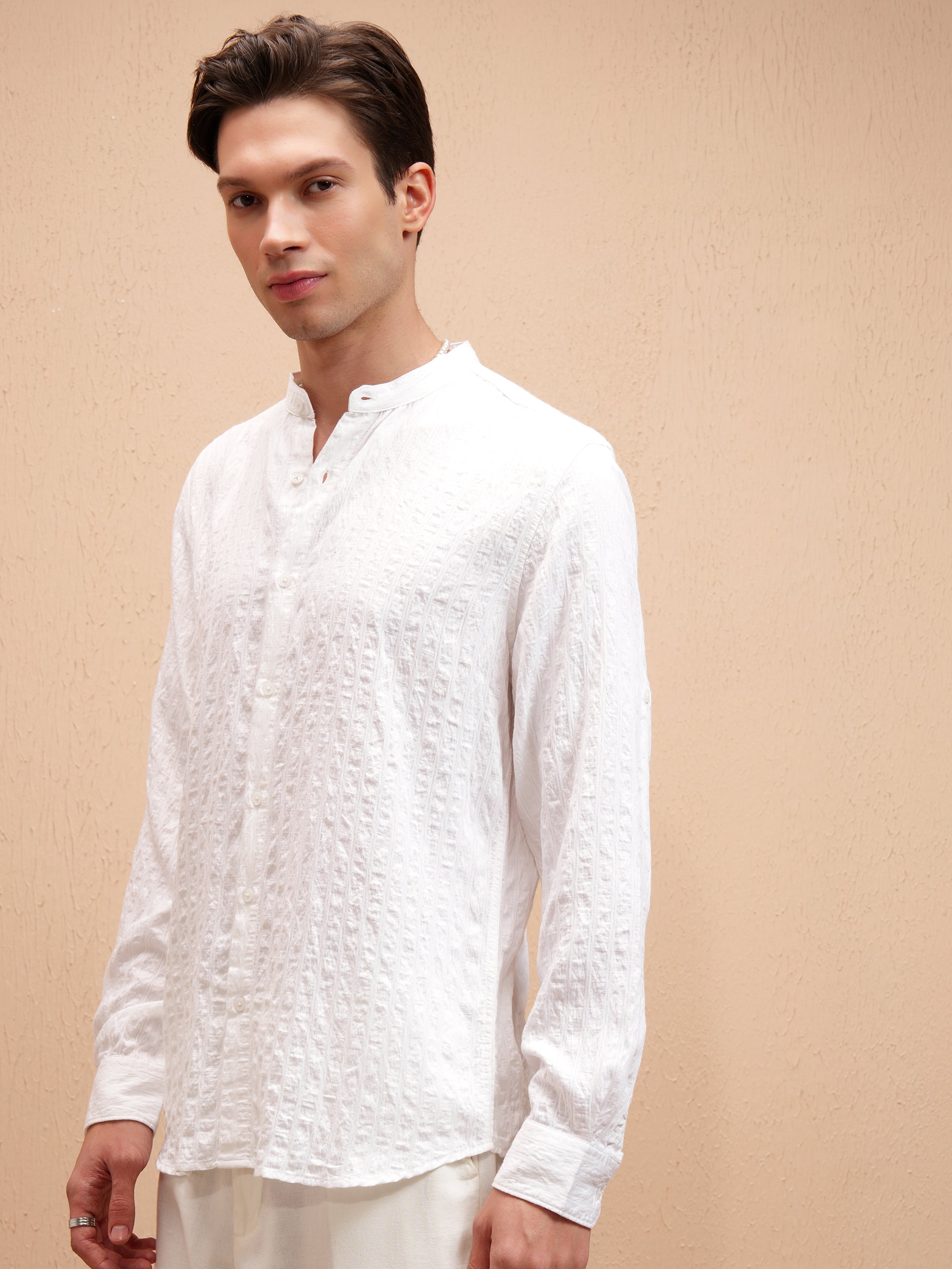 Highlander Men White Self Design Slim Fit Casual Shirt - White - Image 4