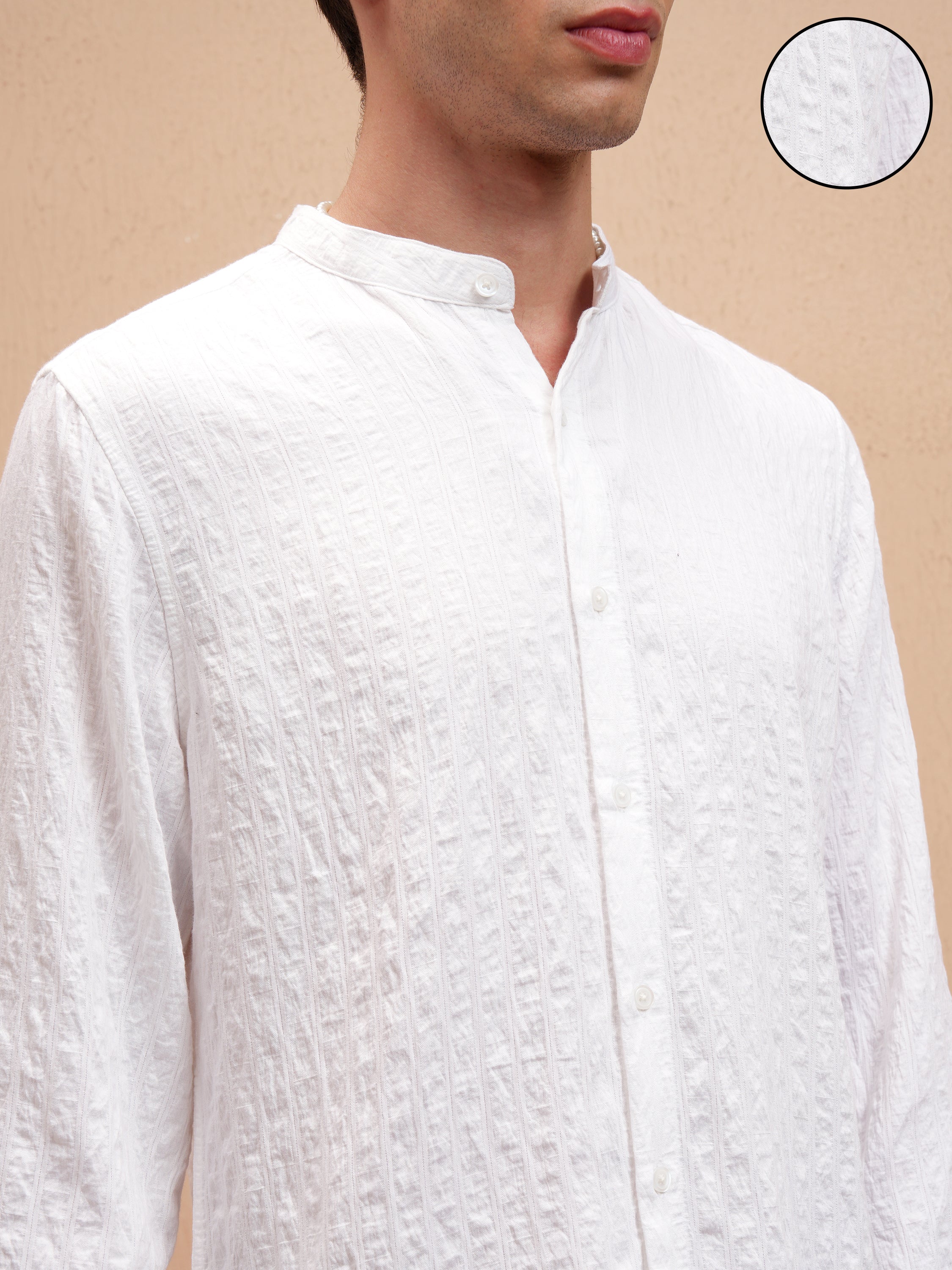 Highlander Men White Self Design Slim Fit Casual Shirt - White - Image 5