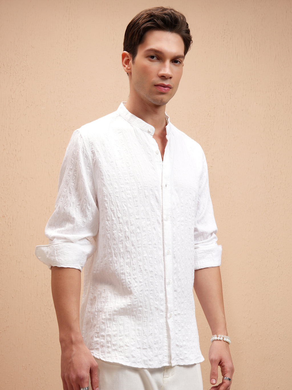 Highlander Men White Self Design Slim Fit Casual Shirt - White - Image 6