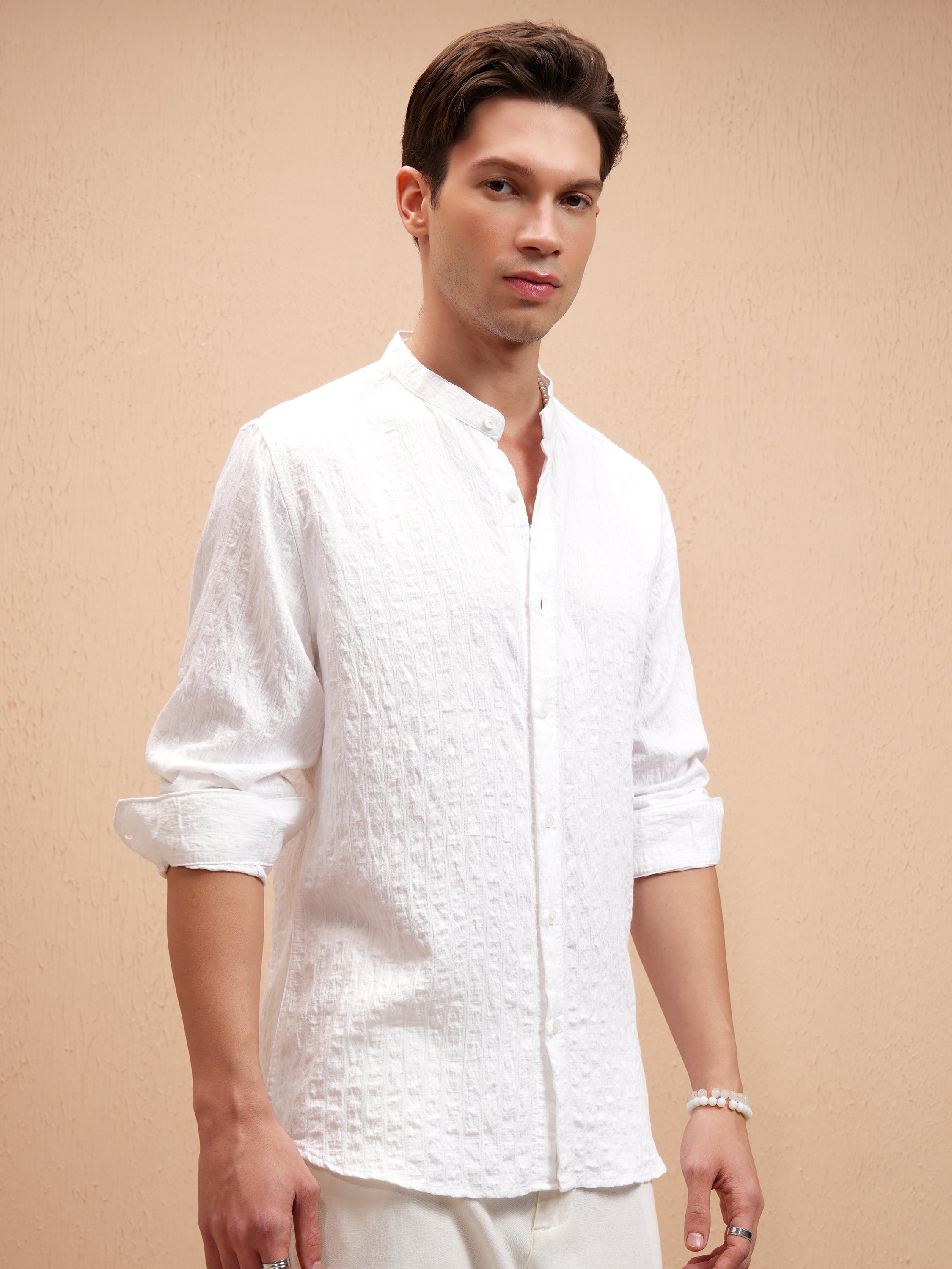 Highlander Men White Self Design Slim Fit Casual Shirt - White - Image 6