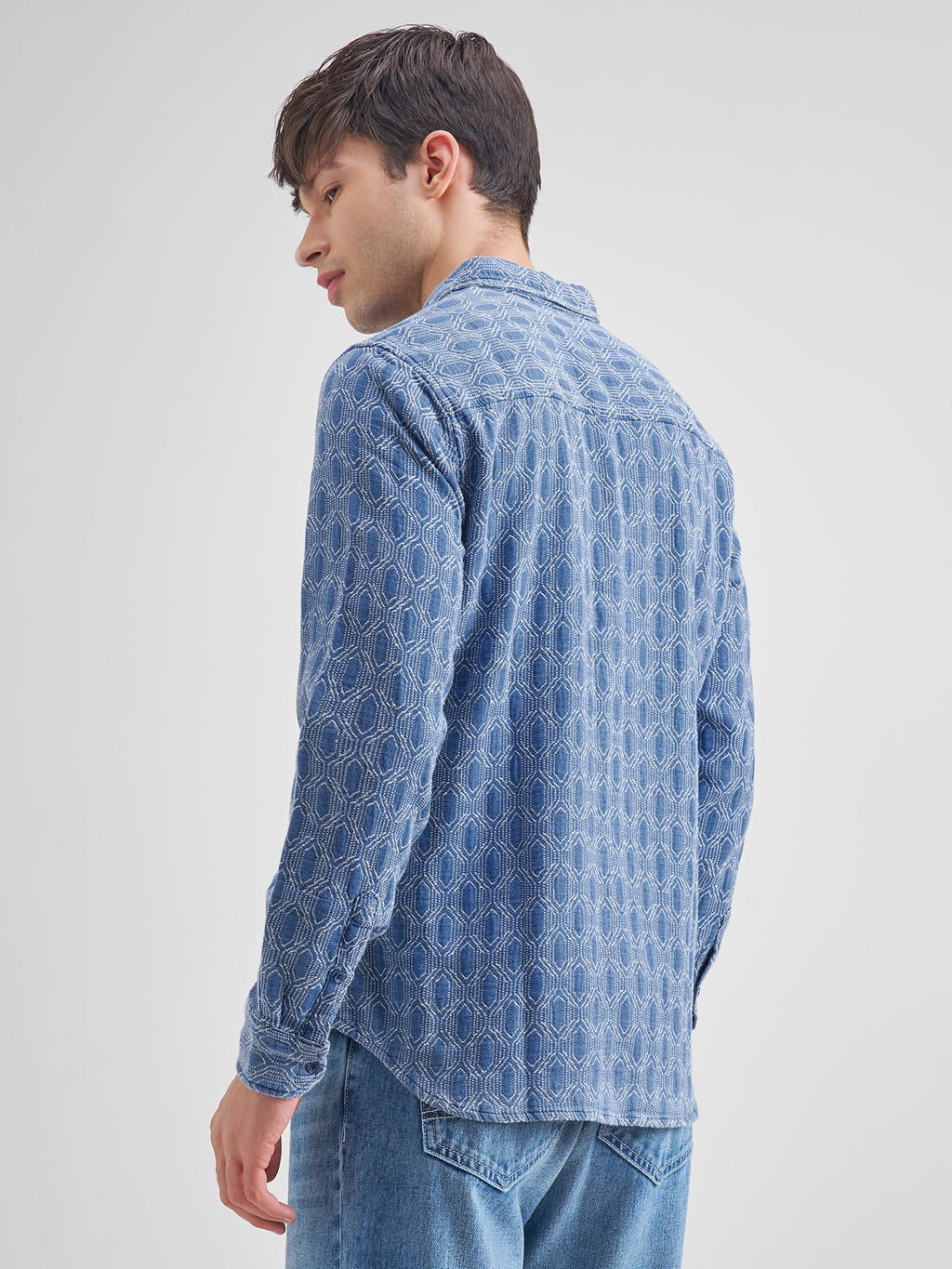 Highlander Men Navy Blue Self Design Slim Fit Casual Shirt - Navy Blue - Image 3