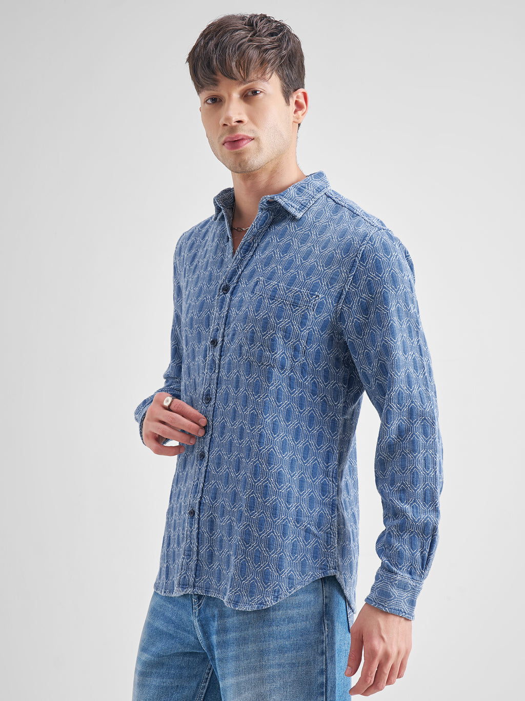 Highlander Men Navy Blue Self Design Slim Fit Casual Shirt - Navy Blue - Image 4
