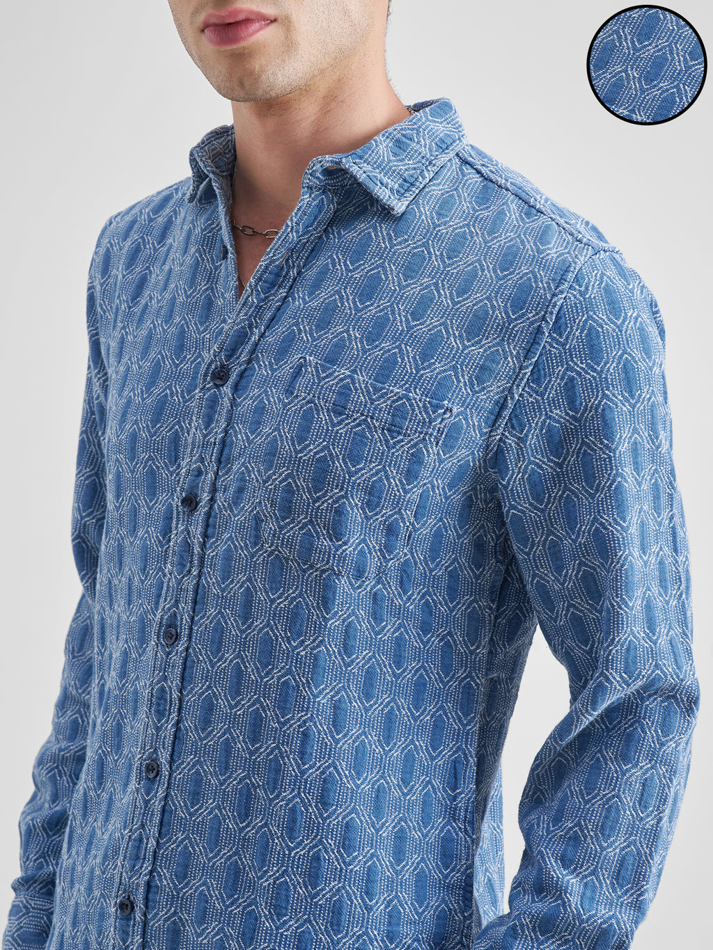 Highlander Men Navy Blue Self Design Slim Fit Casual Shirt - Navy Blue - Image 5