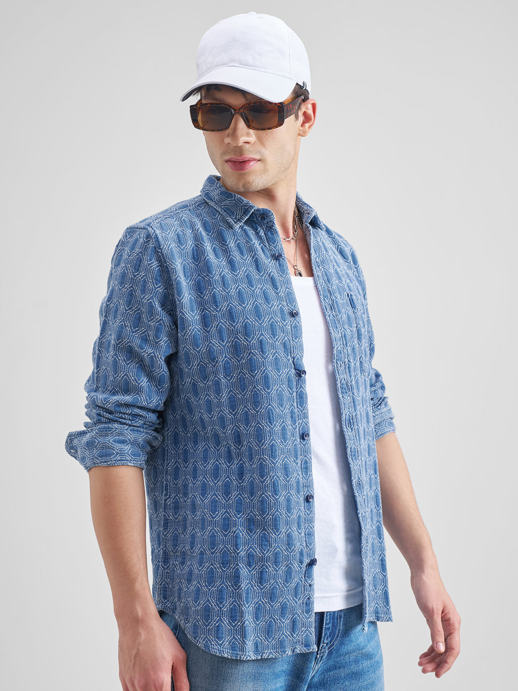 Highlander Men Navy Blue Self Design Slim Fit Casual Shirt - Navy Blue - Image 6