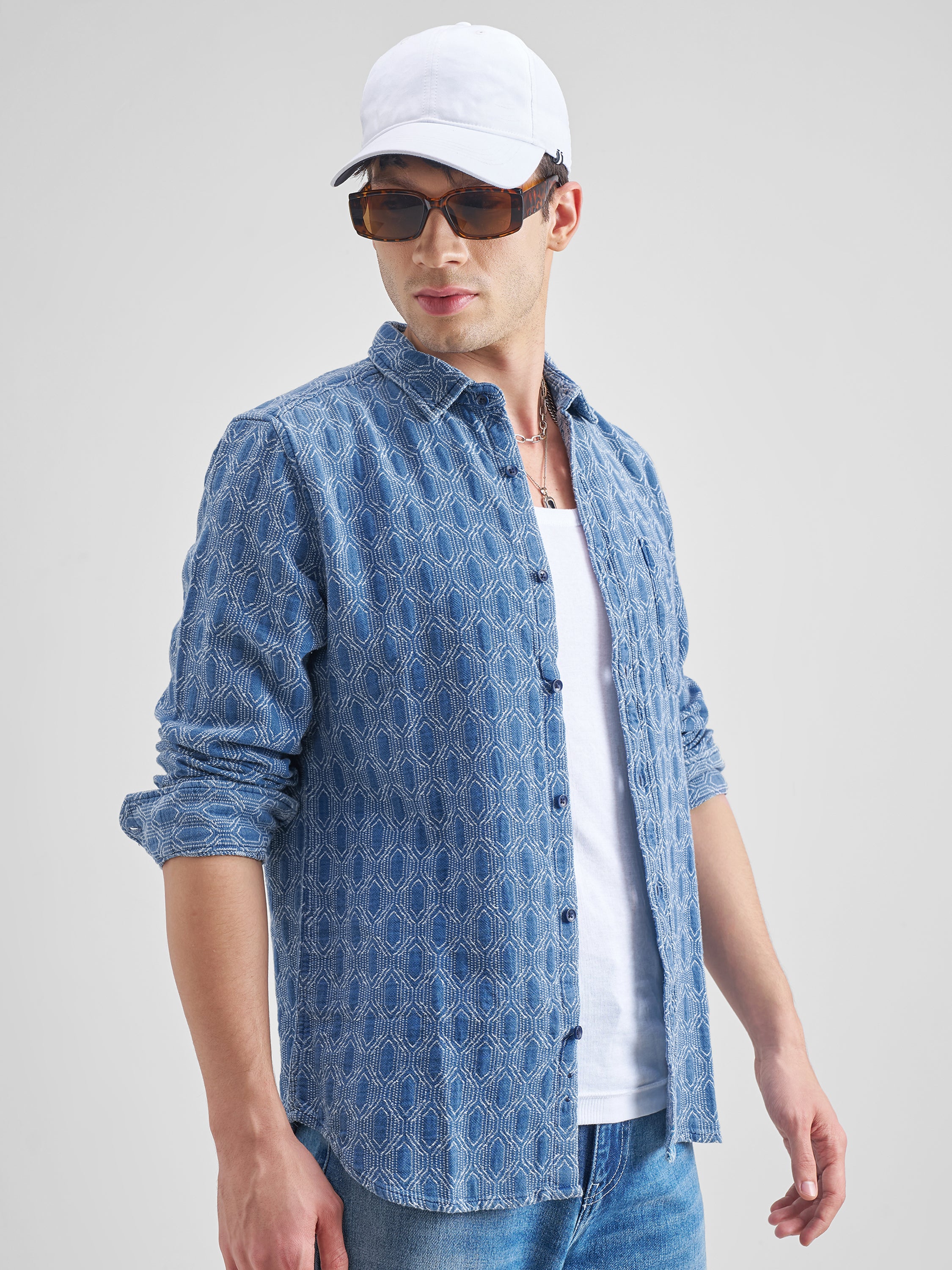 Highlander Men Navy Blue Self Design Slim Fit Casual Shirt - Navy Blue - Image 6