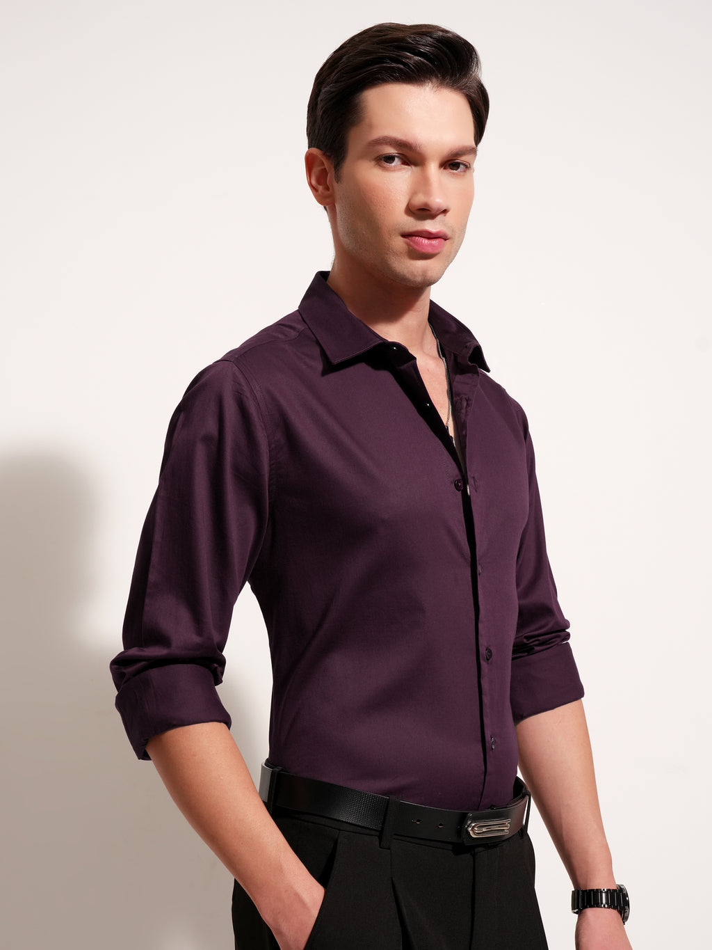 Highlander Men Purple Self Design Slim Fit Casual Shirt - Purple - Image 6