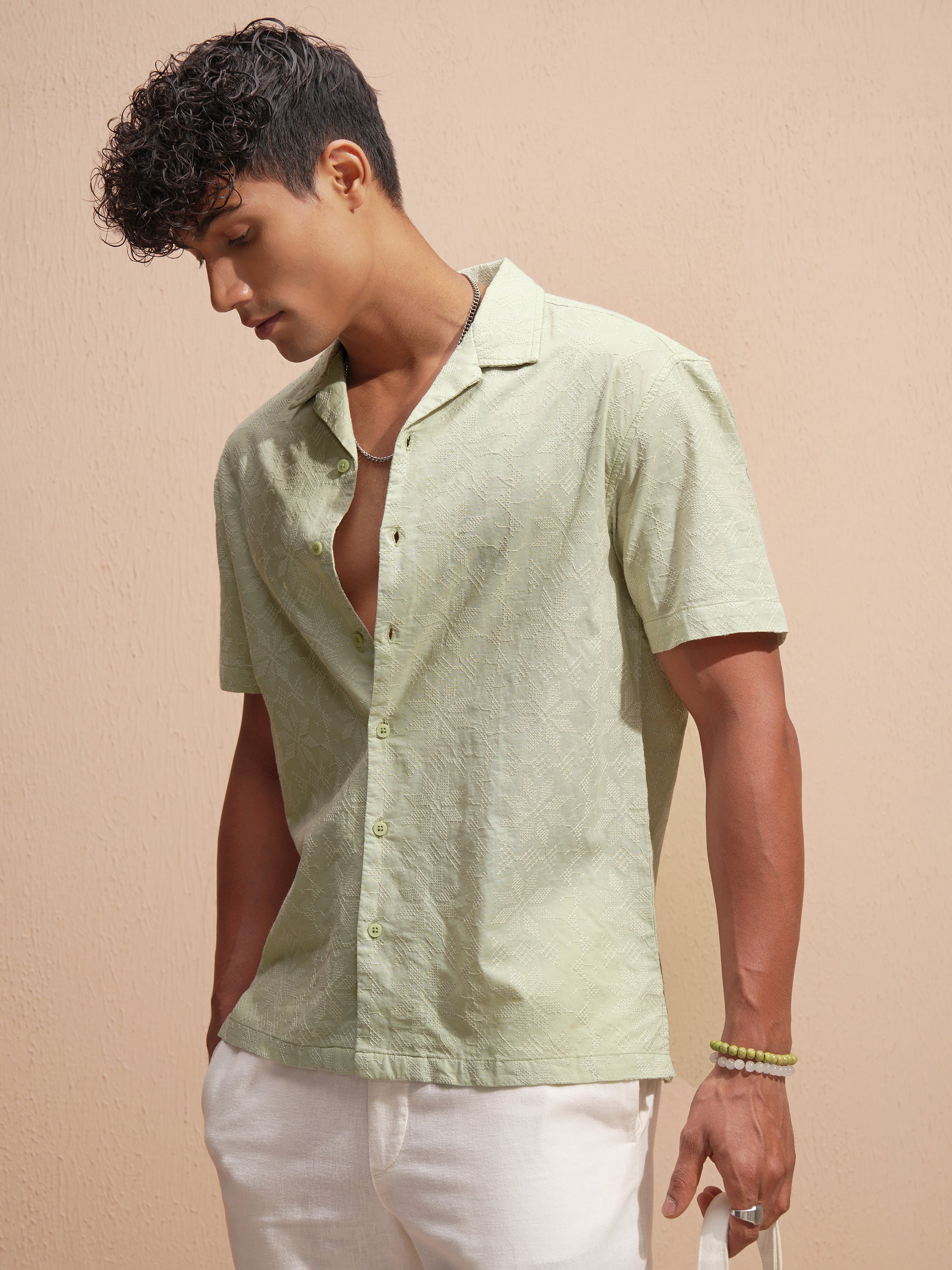 Highlander Men Green Self Design Relaxed Fit Casual Shirt - Green - Image 4