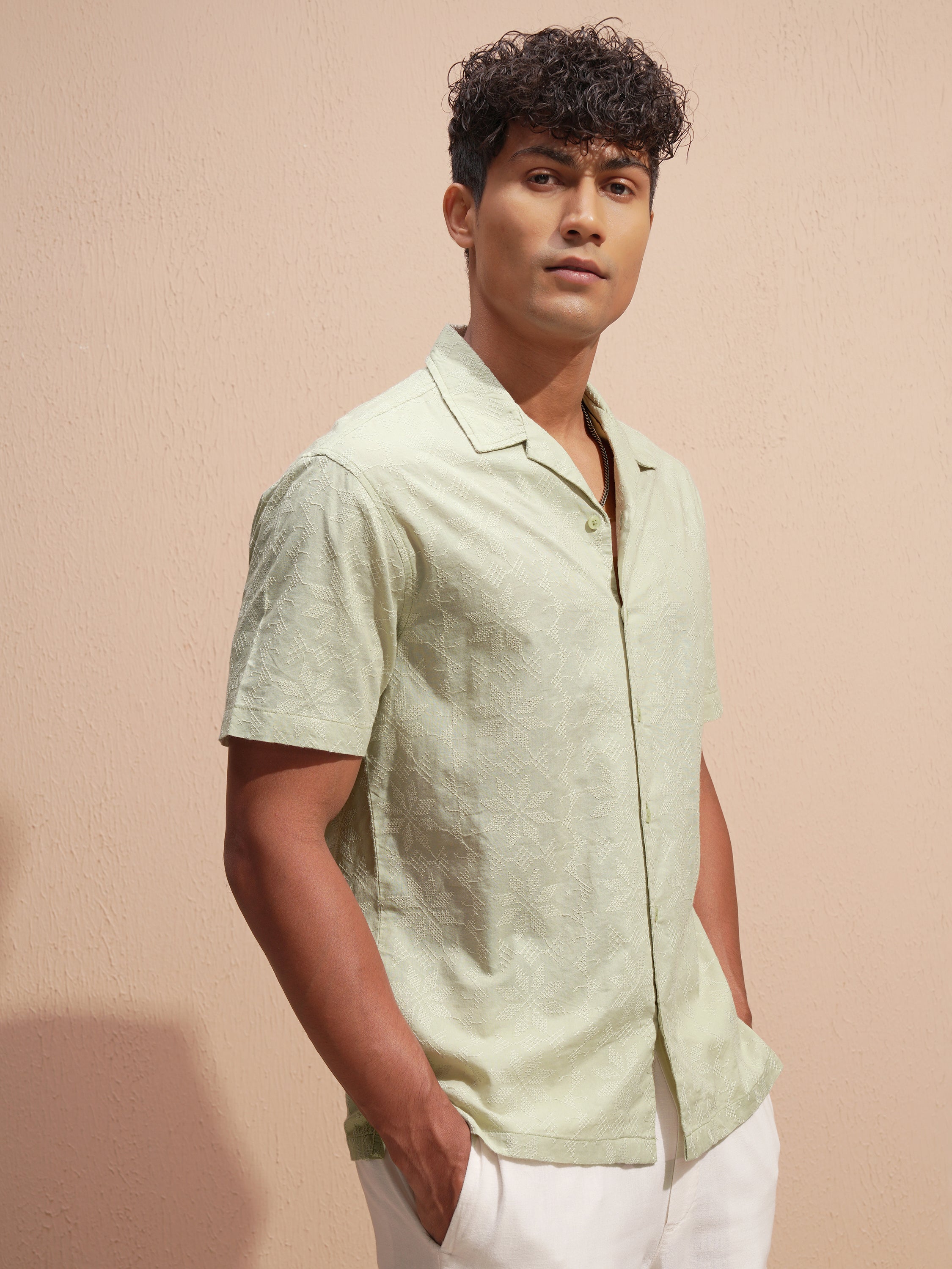 Highlander Men Green Self Design Relaxed Fit Casual Shirt - Green - Image 6