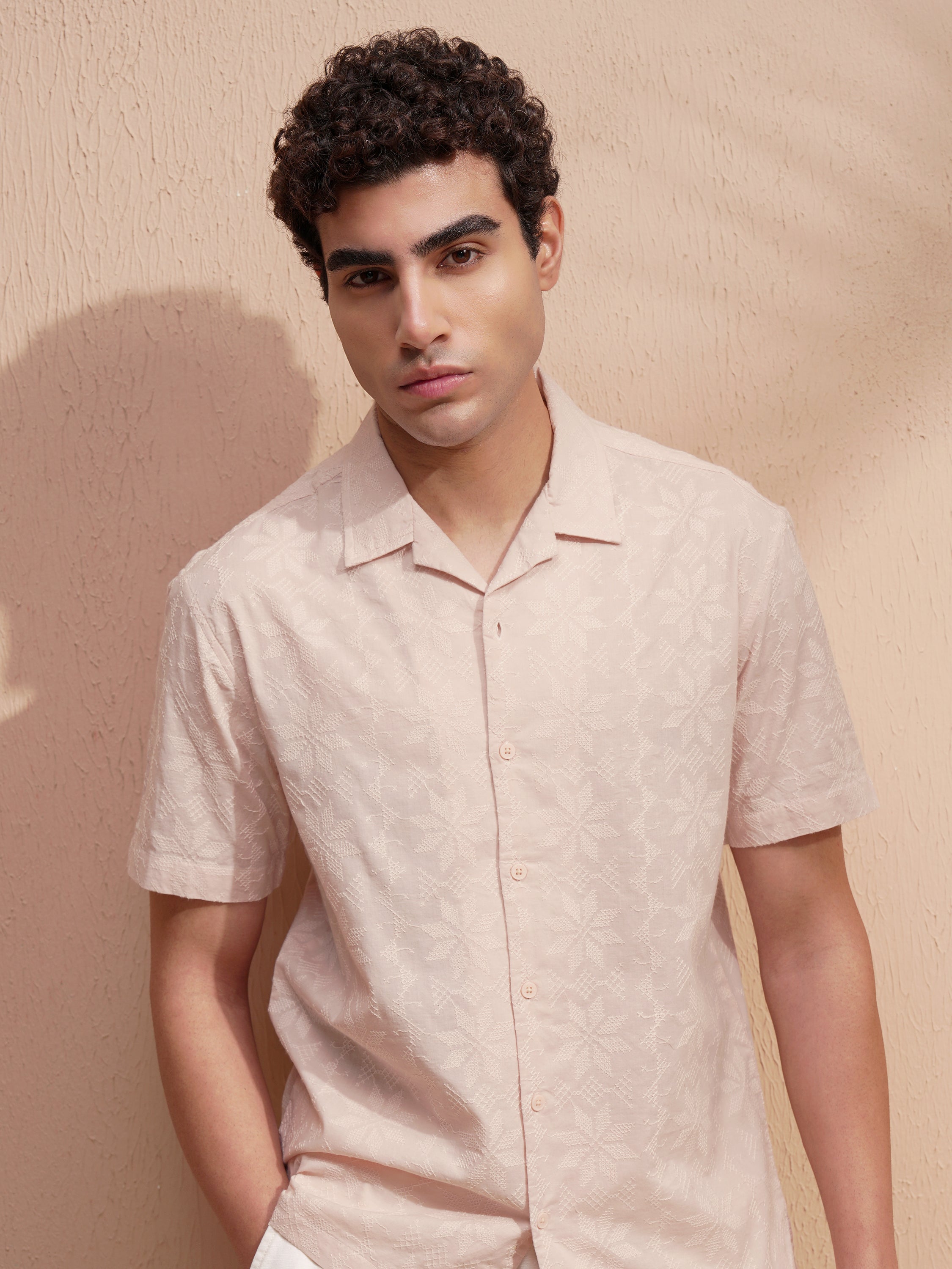Highlander Men Pink Self Design Relaxed Fit Casual Shirt - Pink - Image 1