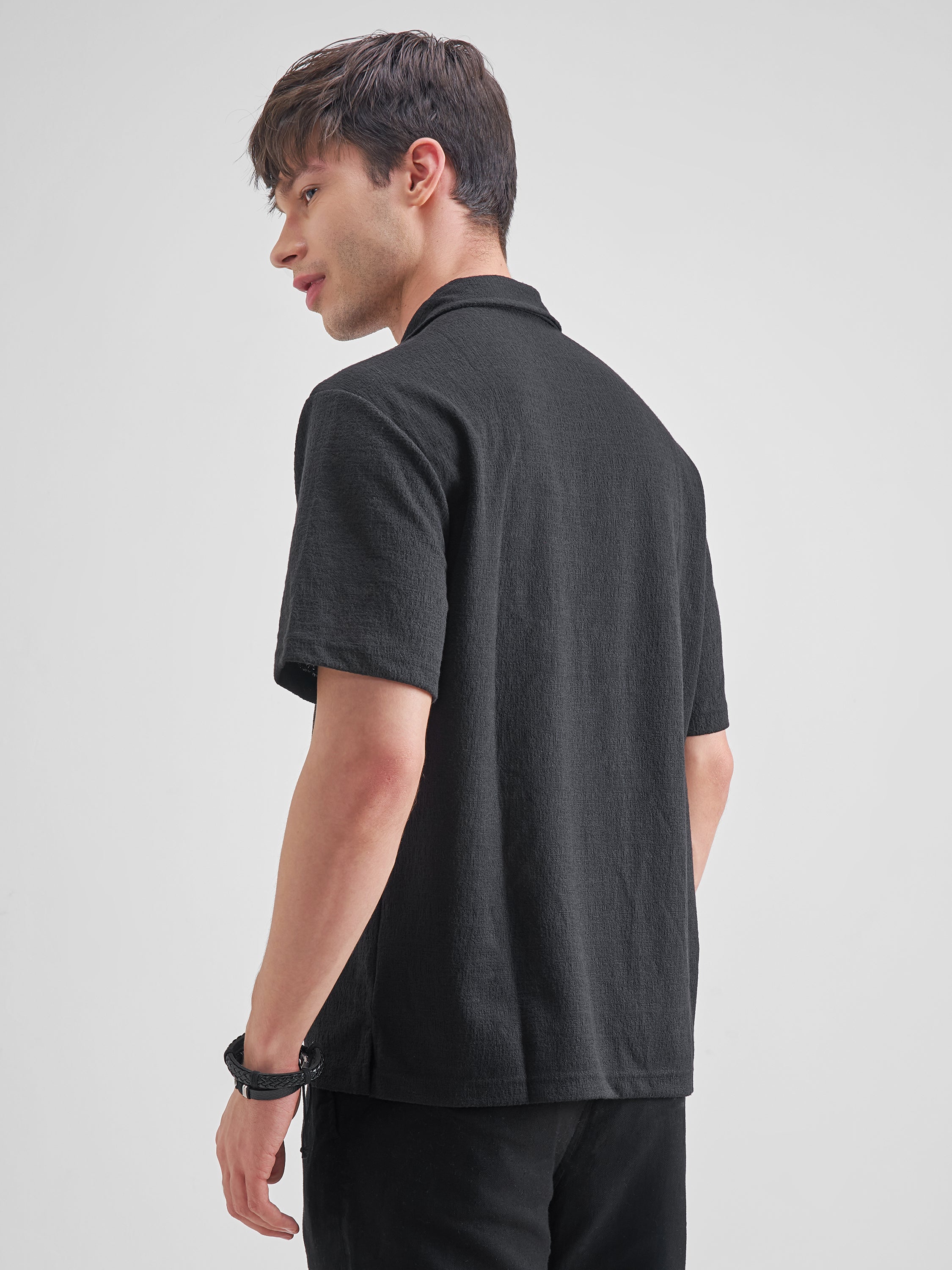 Highlander Men Black Self Design Relaxed Fit Casual Shirt - Black - Image 3