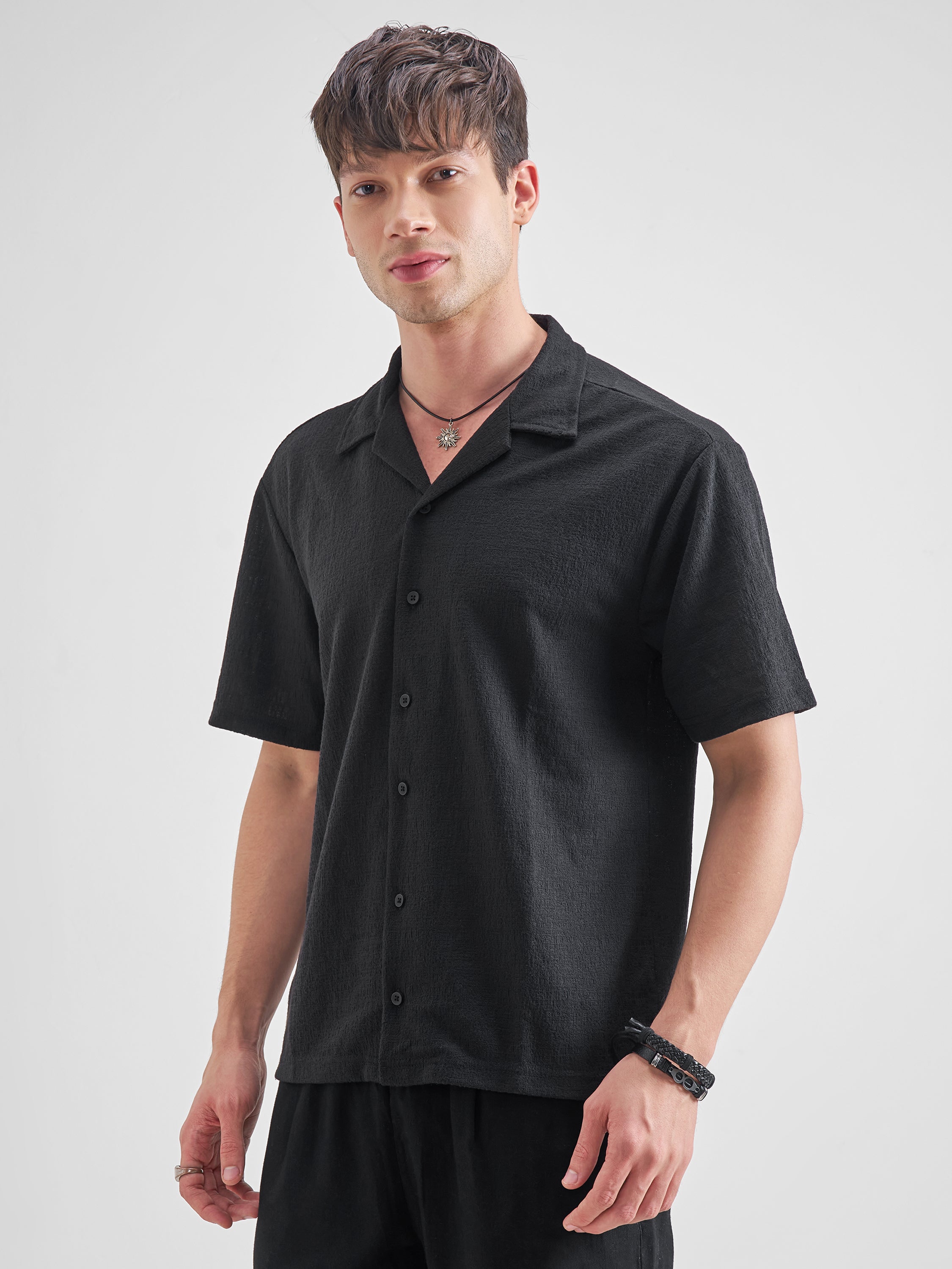 Highlander Men Black Self Design Relaxed Fit Casual Shirt - Black - Image 4
